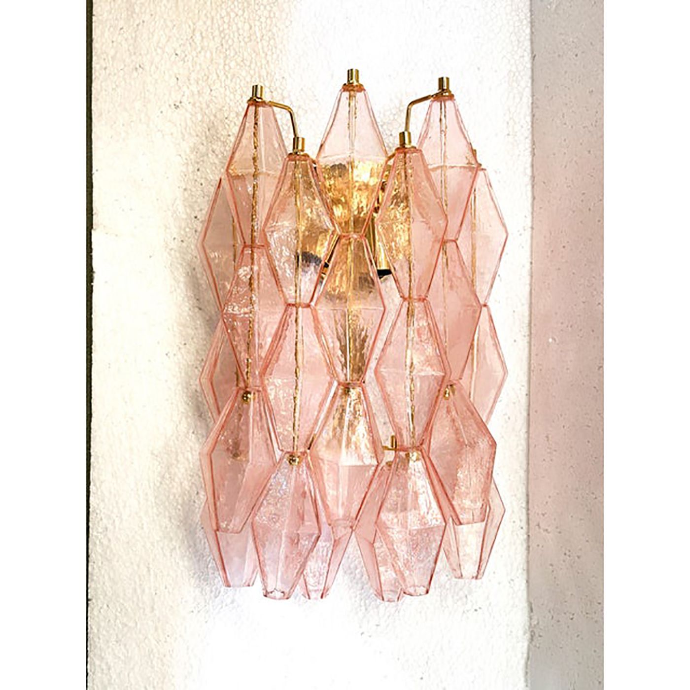 Set Of Two Contemporary Pink “Poliedri” Murano Glass Gold 24k Wall Sconces photo furniture