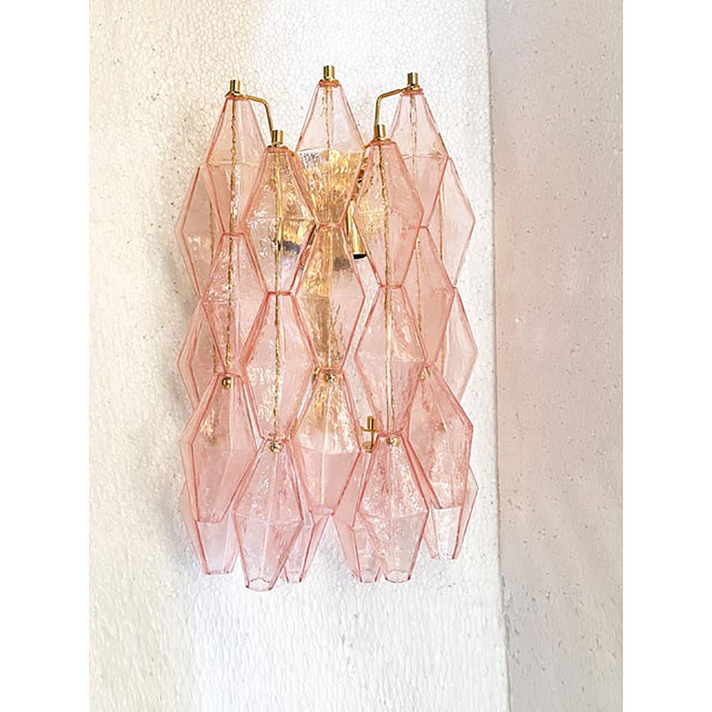 Set Of Two Contemporary Pink “Poliedri” Murano Glass Gold 24k Wall Sconces photo buy