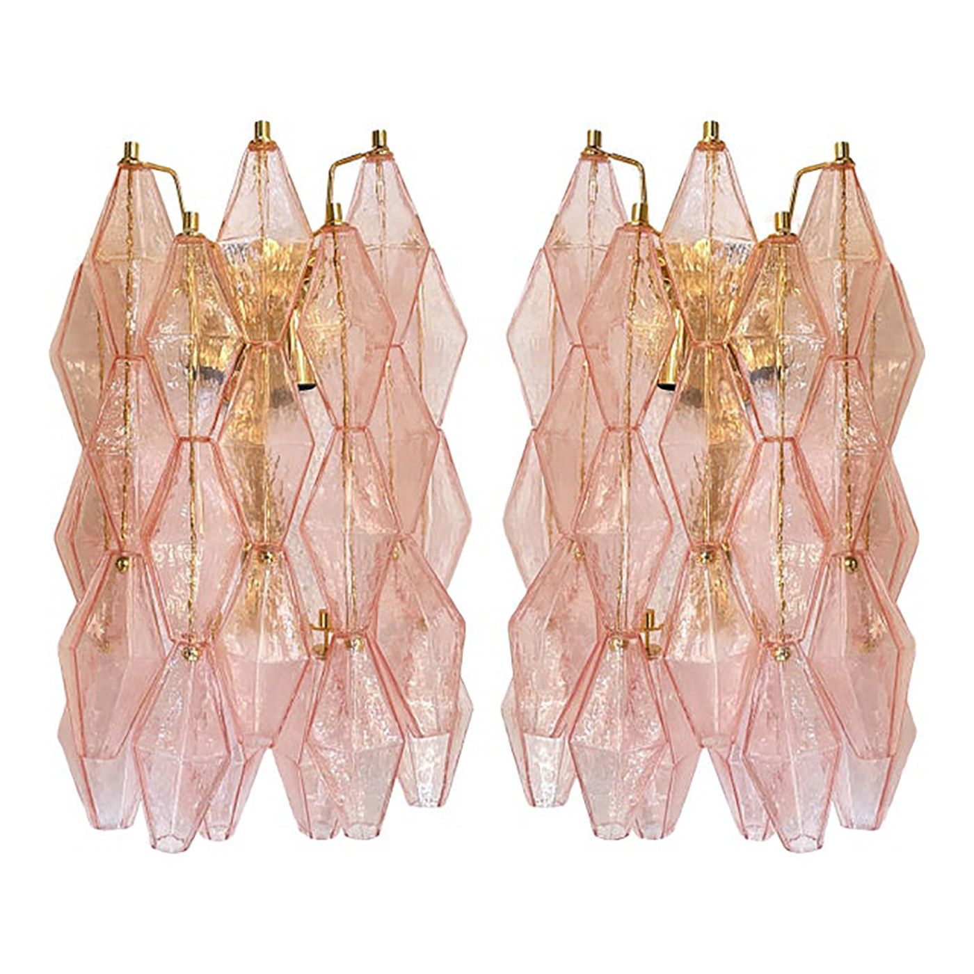 Set Of Two Contemporary Pink “Poliedri” Murano Glass Gold 24k Wall Sconces