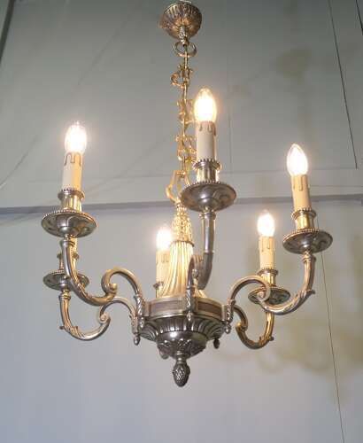 A Large French Gilded Brass 6 Branch Chandelier photo for sale
