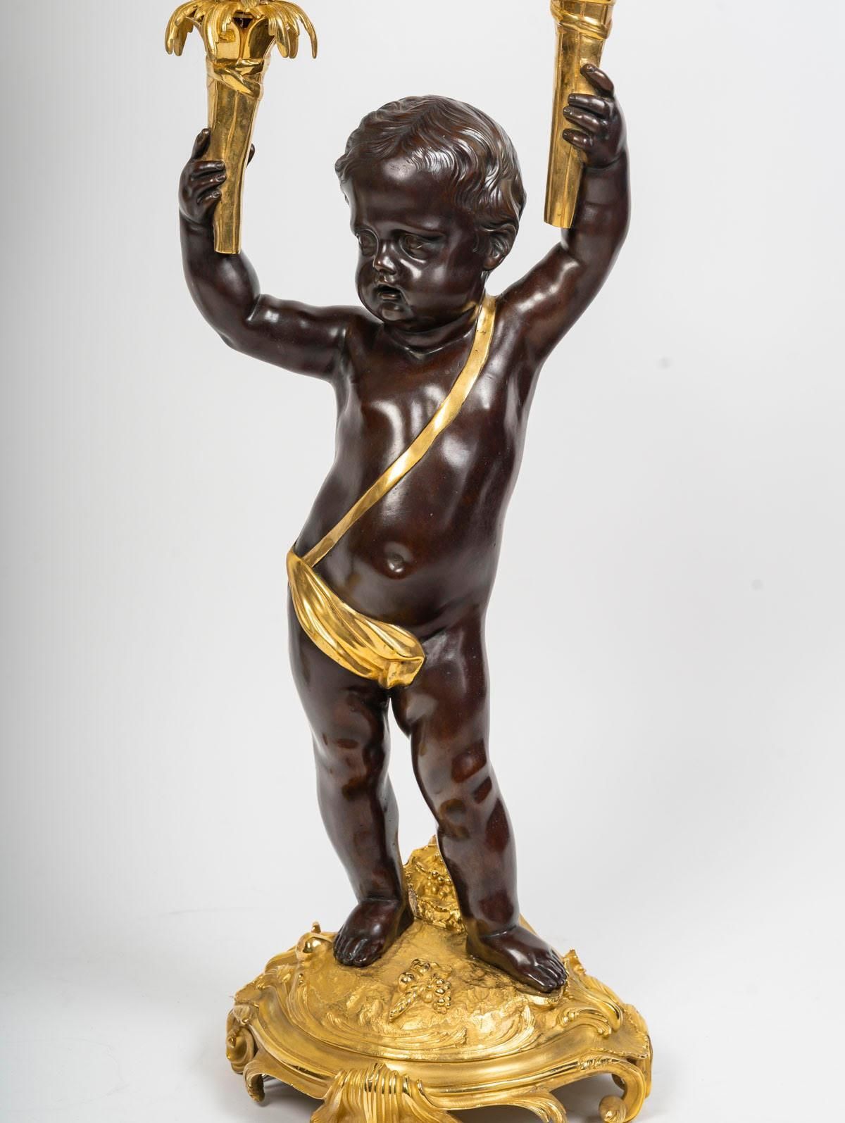 Large Pair Of Electrified Candelabra In Gilded Bronze With Patina, 19th Century. photo for sale
