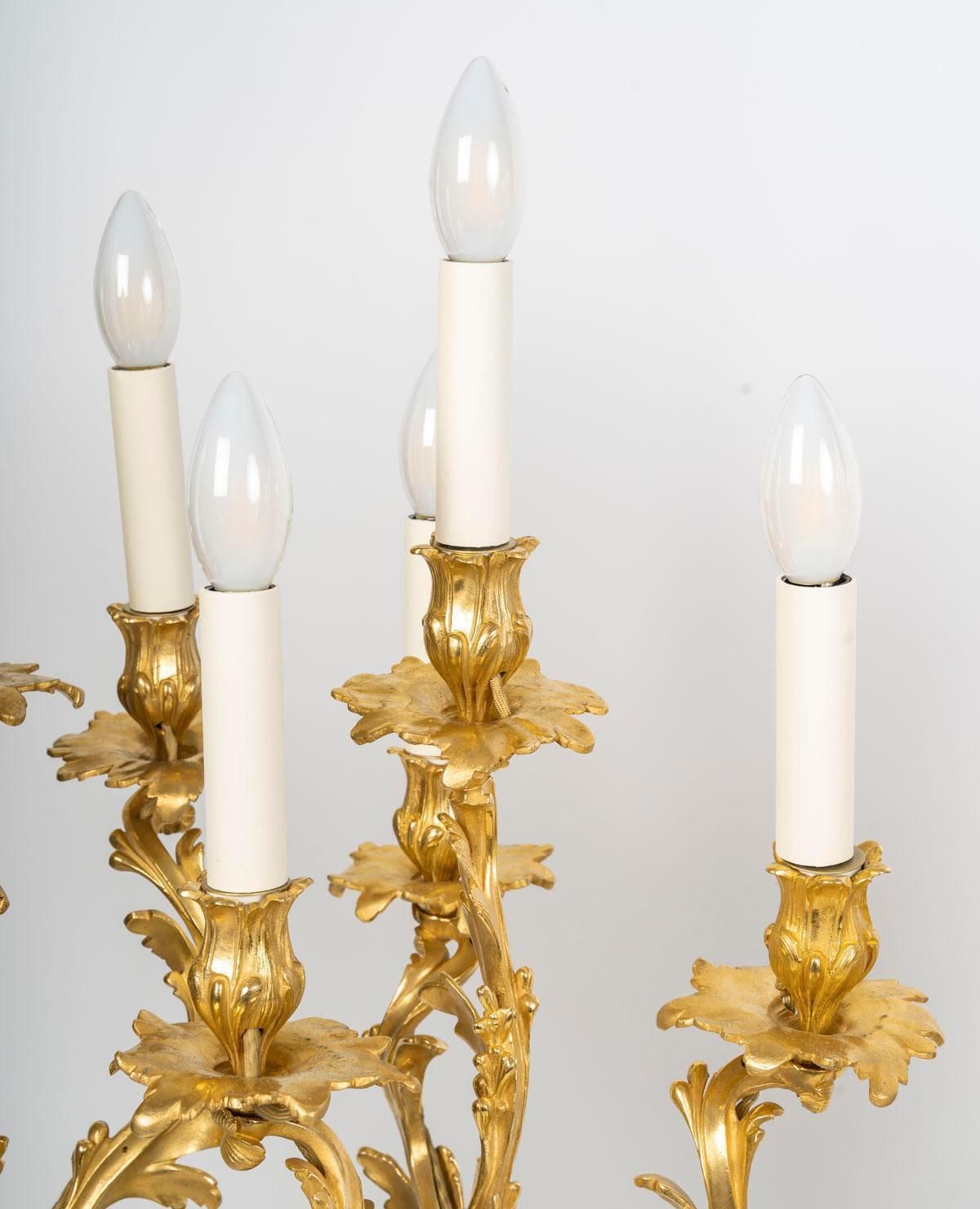 Large Pair Of Electrified Candelabra In Gilded Bronze With Patina, 19th Century. photo Home Decor