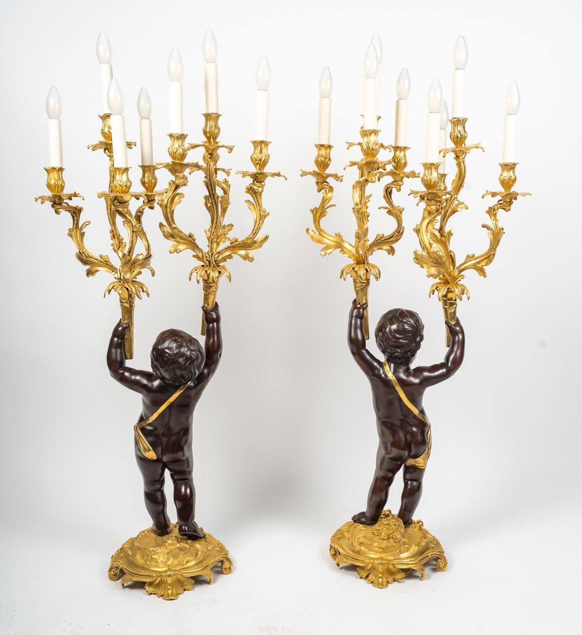 photo for sale Large Pair Of Electrified Candelabra In Gilded Bronze With Patina, 19th Century.