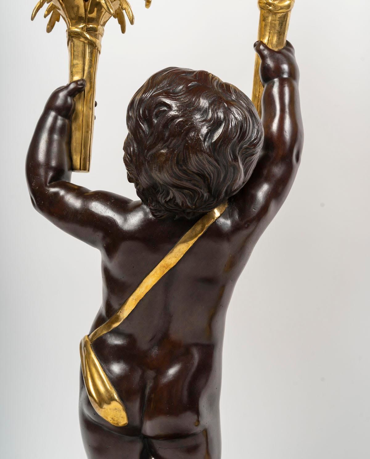 44962.0 Large Pair Of Electrified Candelabra In Gilded Bronze With Patina, 19th Century. photo