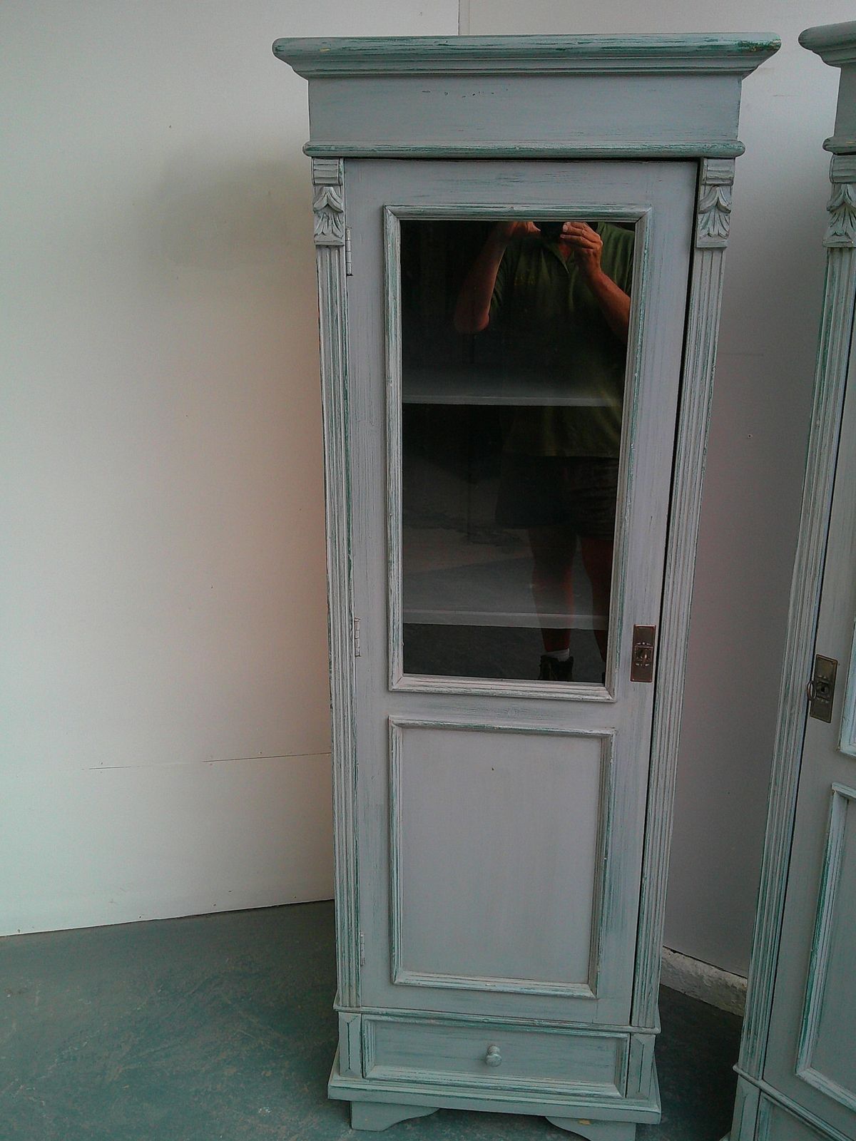 A Cracking Pair Of Light Grey Antique Pine Kitchen / Bathroom Display Cabinets photo Furniture