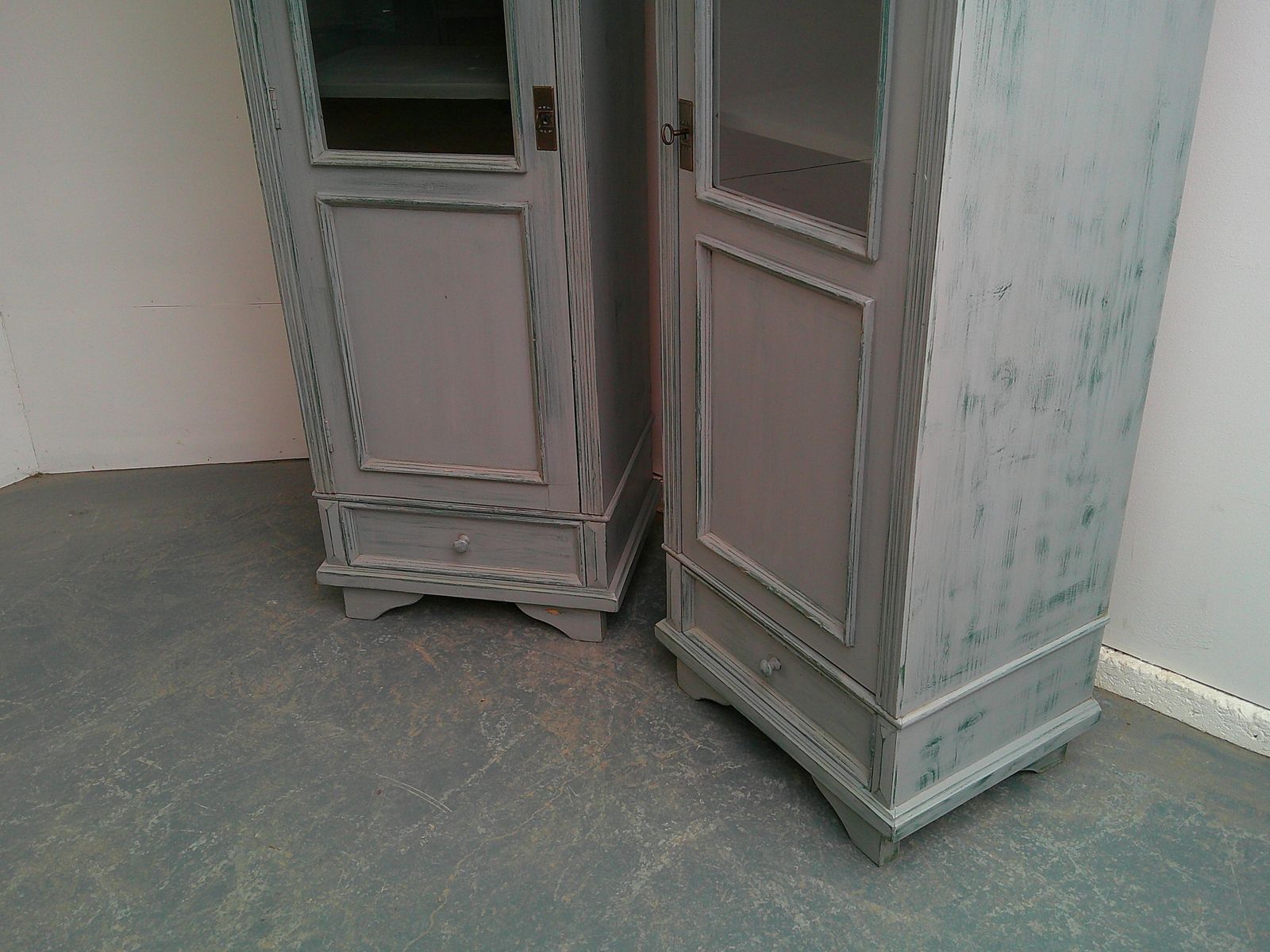 A Cracking Pair Of Light Grey Antique Pine Kitchen / Bathroom Display Cabinets photo buy