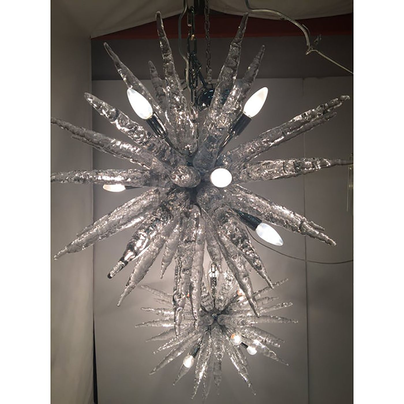Set Of 2 Murano Glass Ice Clear Sputnik Italian Chandelier photo for sale
