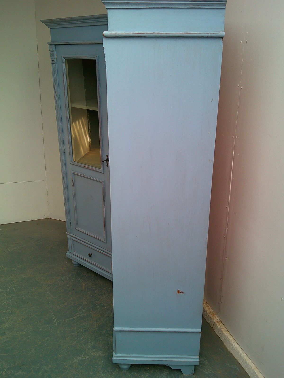 A Cracking Pair Of Light Blue Antique Pine Kitchen / Bathroom Display Cabinets photo Furniture