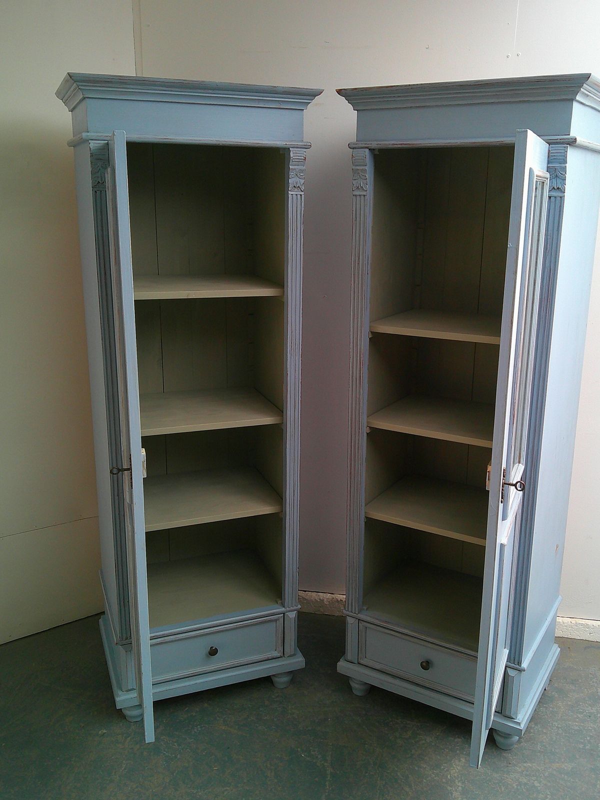 A Cracking Pair Of Light Blue Antique Pine Kitchen / Bathroom Display Cabinets photo vinterior