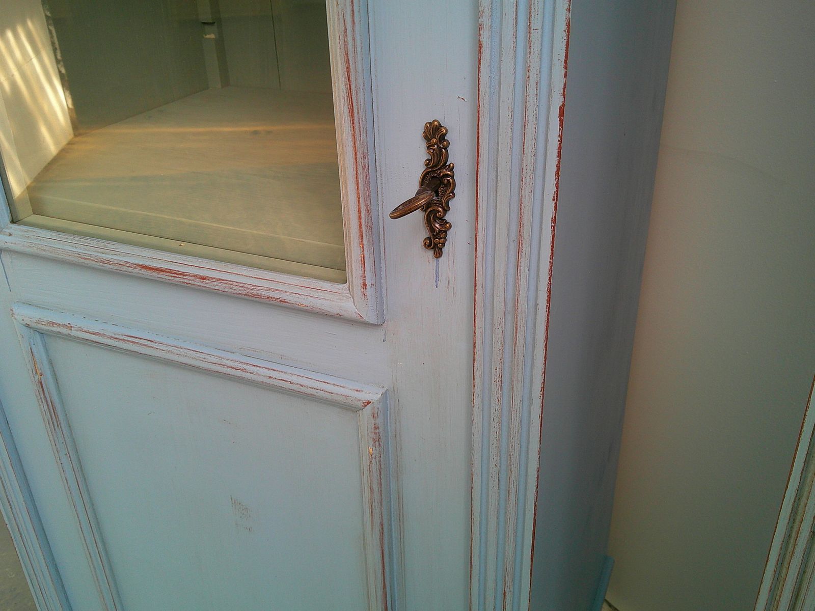A Cracking Pair Of Light Blue Antique Pine Kitchen / Bathroom Display Cabinets photo buy
