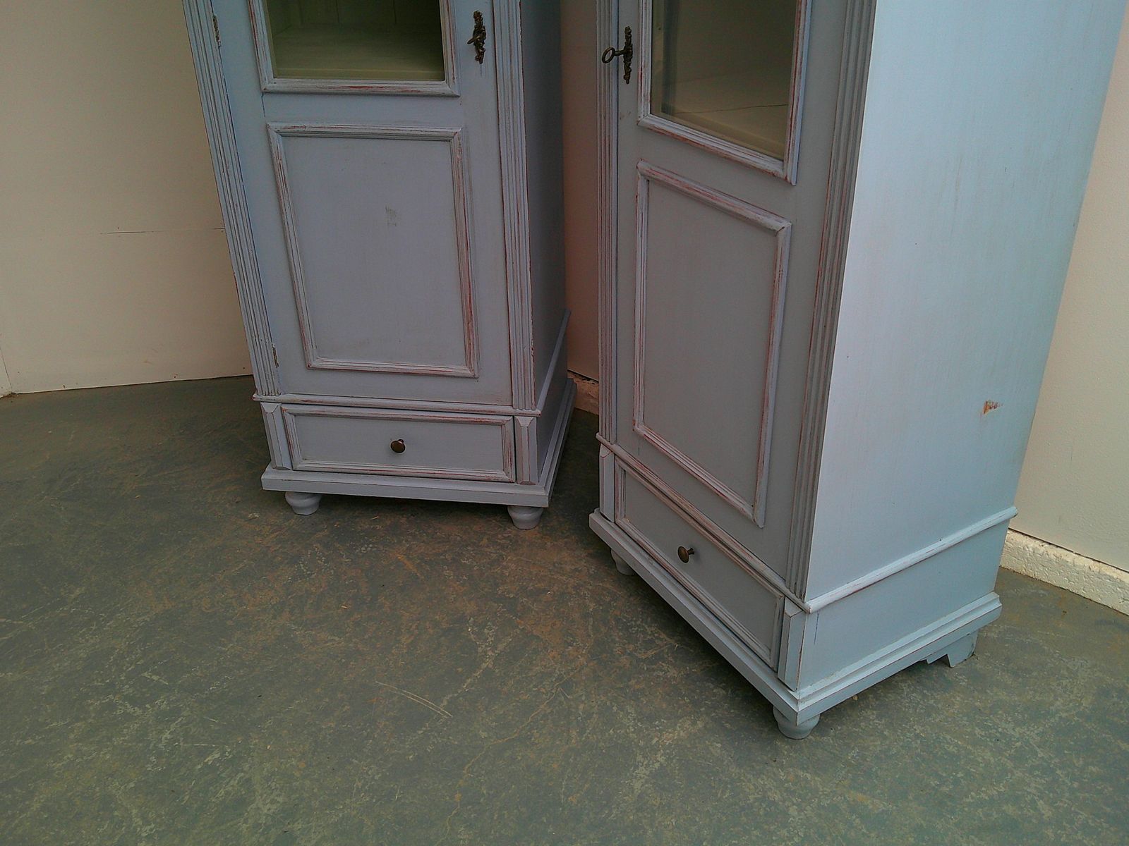 A Cracking Pair Of Light Blue Antique Pine Kitchen / Bathroom Display Cabinets photo vintage