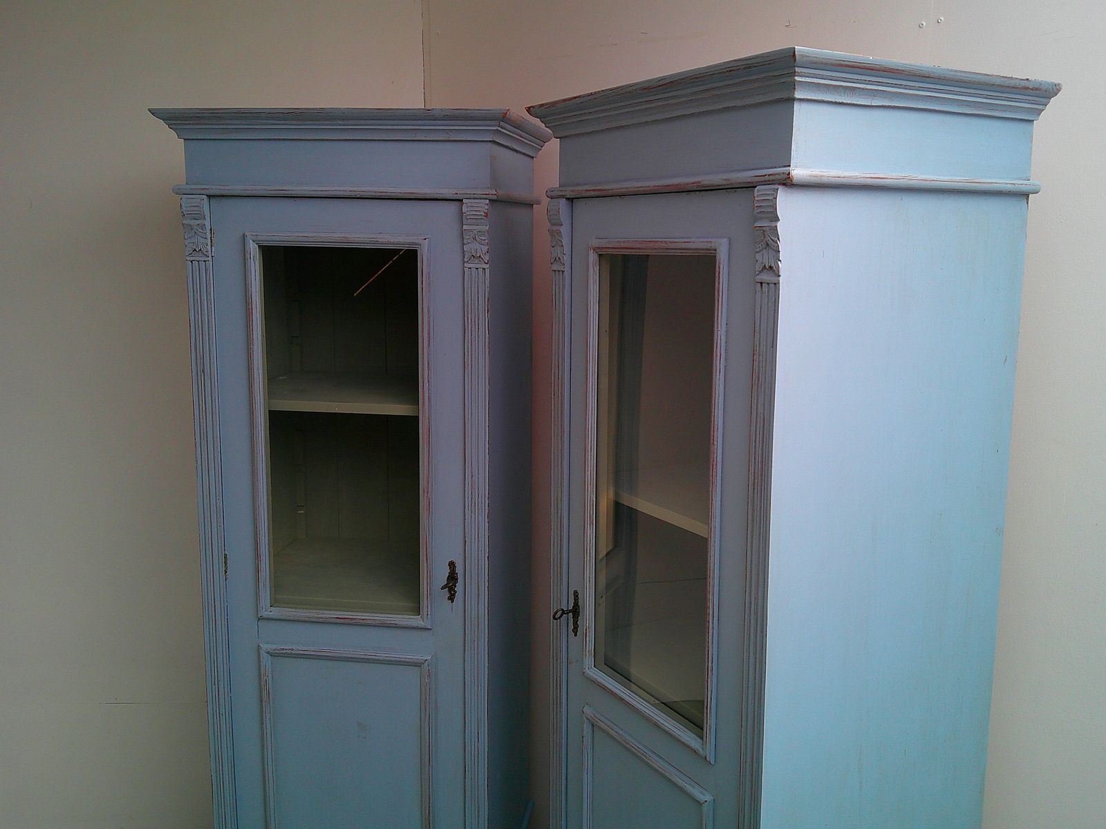 photo furniture A Cracking Pair Of Light Blue Antique Pine Kitchen / Bathroom Display Cabinets