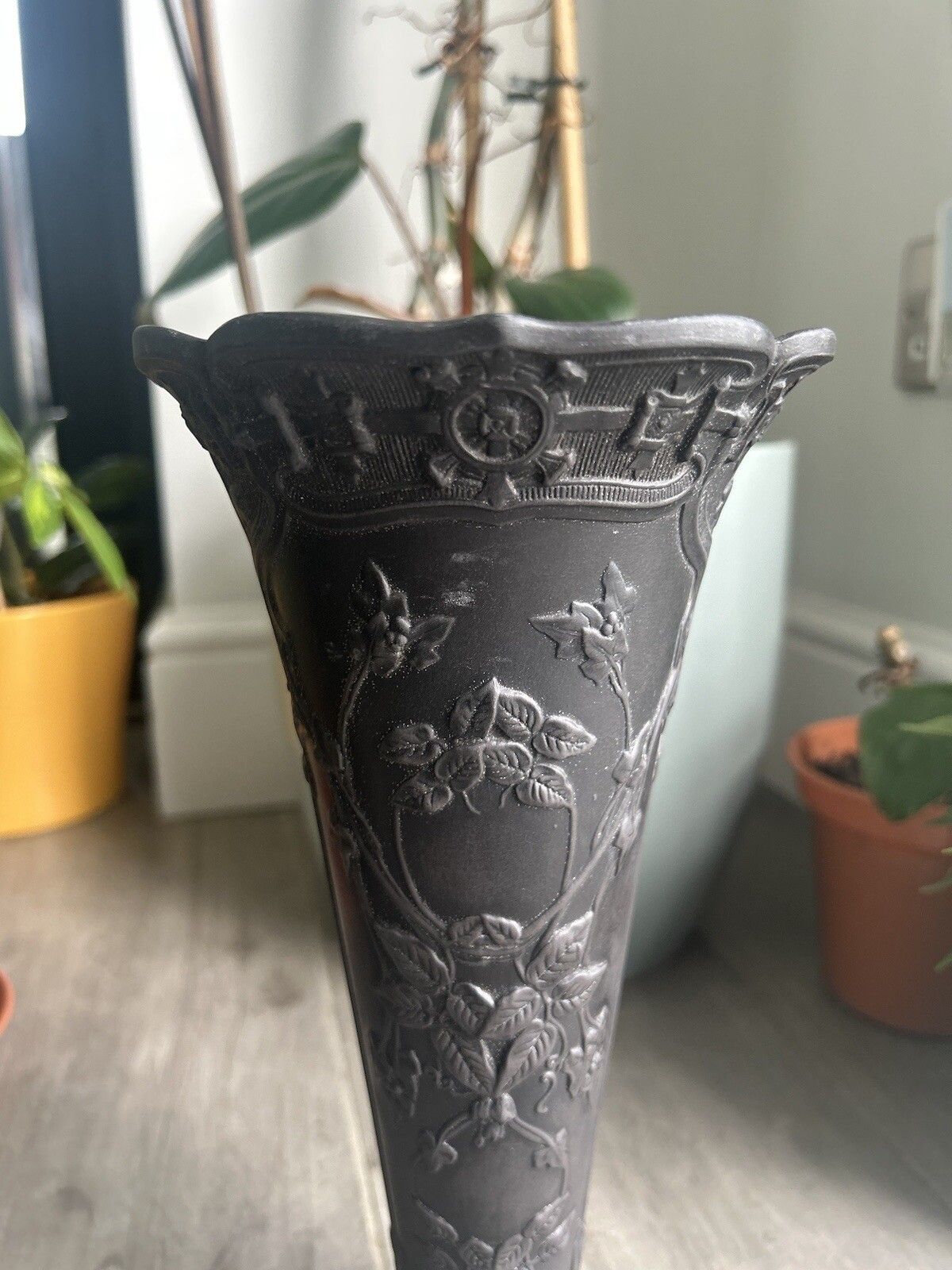 photo furniture Wedgwood Basalt Vase Pair Black Jasperware Wedgwood Conical Grand Vases