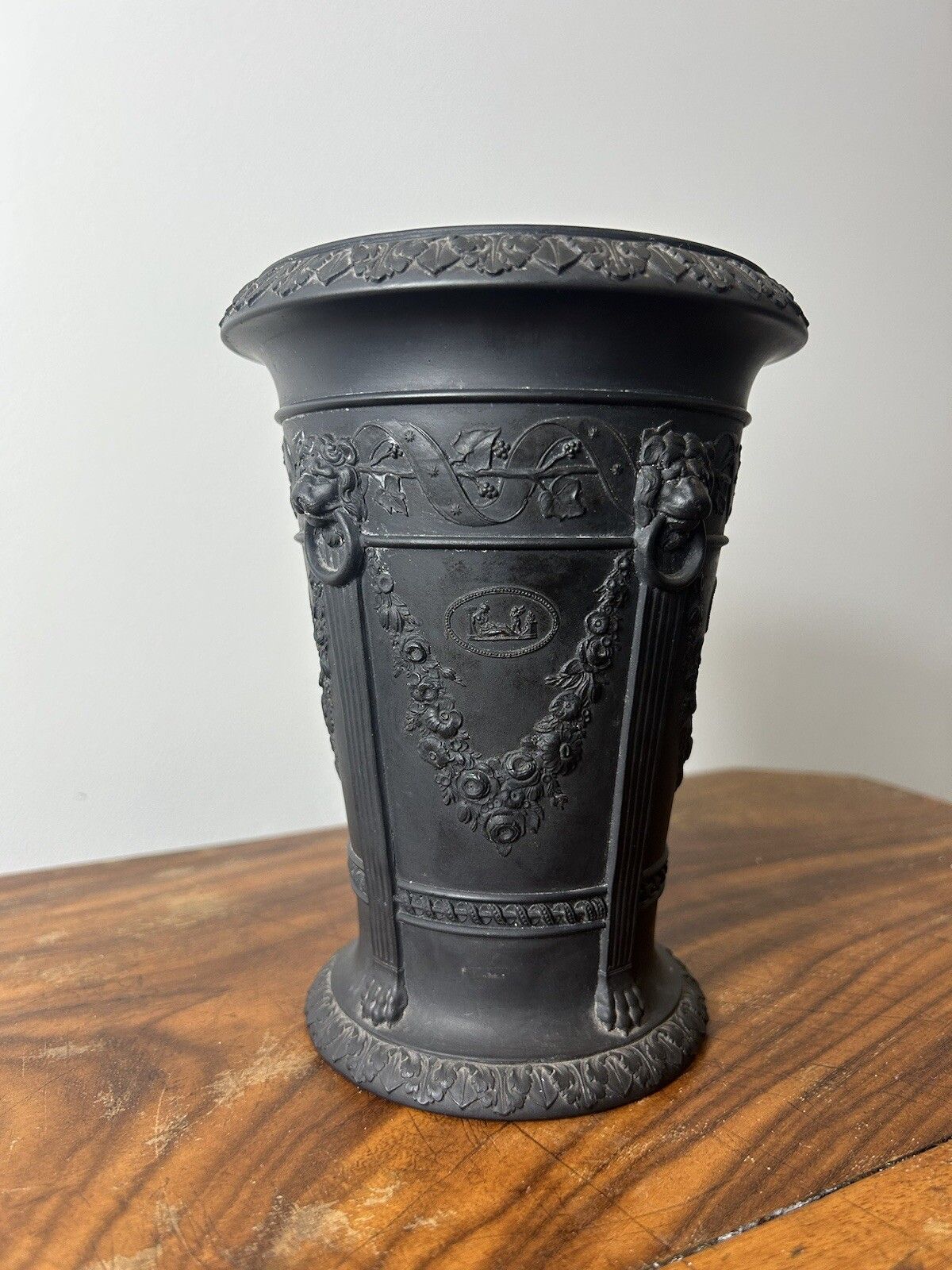 Large Wedgwood Black Basalt Conical Spigged Jasperware Monopodia Vase 17cm photo furniture