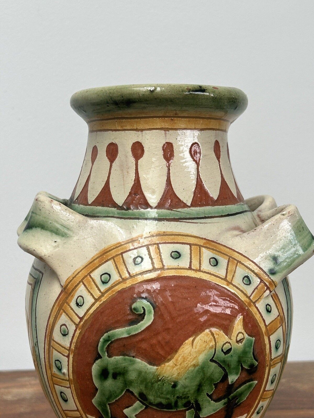 Antique Signed Italian Faience Lion Majolica Handled Terracotta Pottery Assisi photo furniture