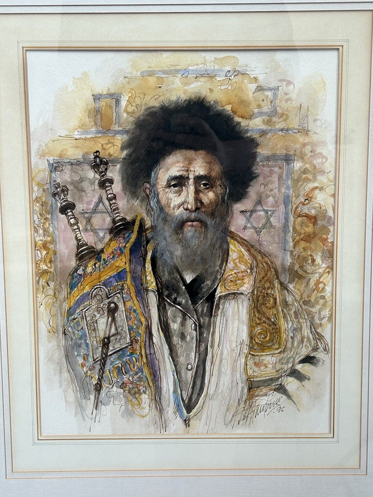 Exceptional Watercolour Jewish Rabbi With Torah Framed Signed Judaica