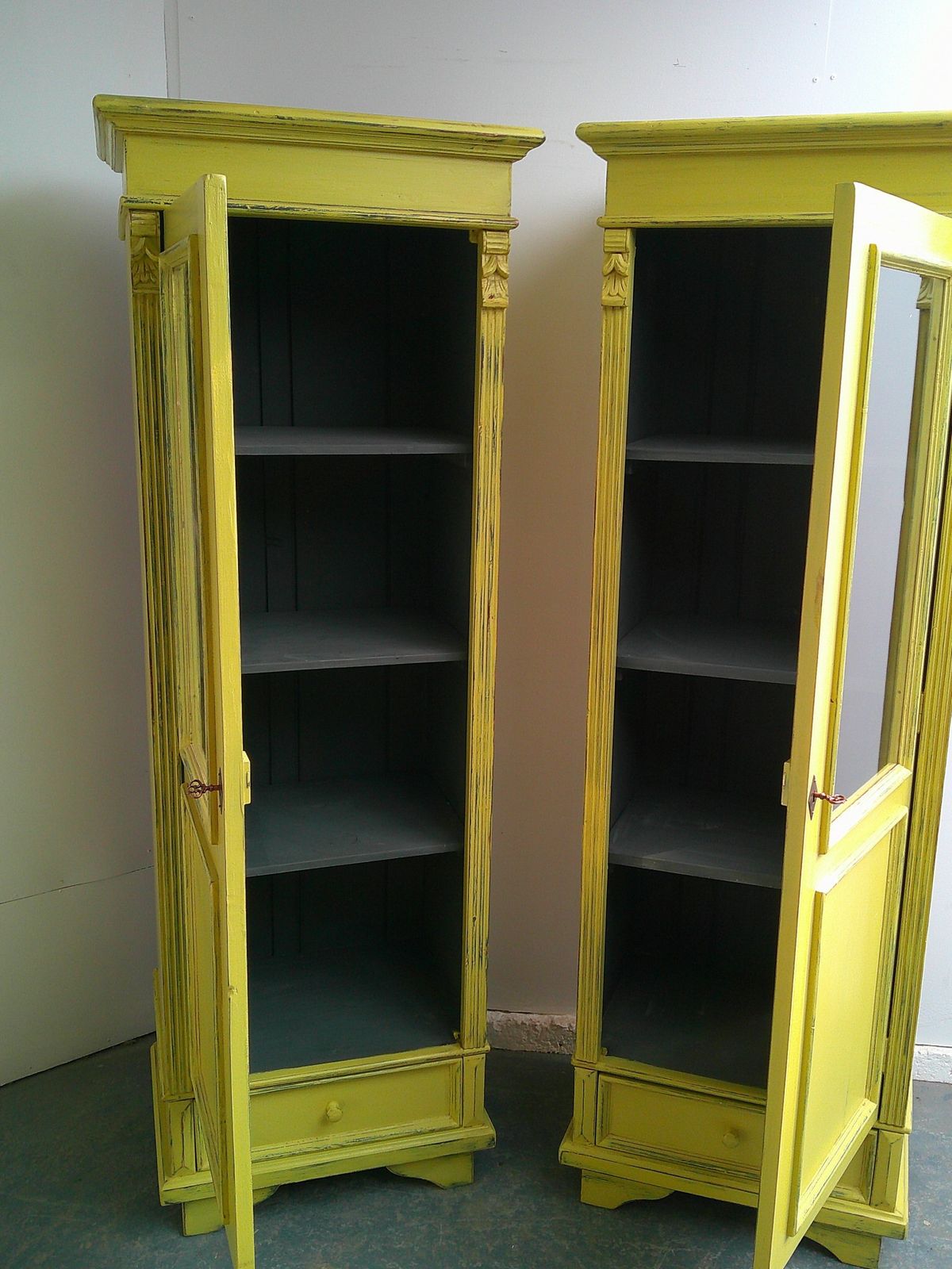 A Cracking Pair Of Yellow Antique Pine Kitchen / Bathroom Display Cabinets photo for sale