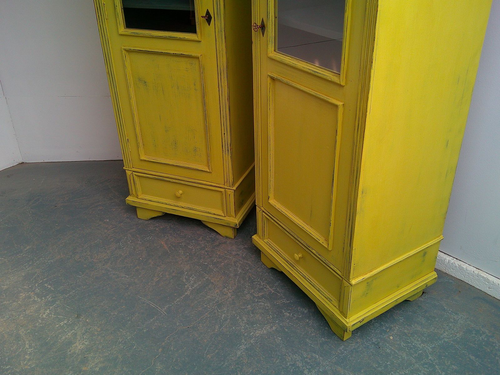 A Cracking Pair Of Yellow Antique Pine Kitchen / Bathroom Display Cabinets photo vinterior