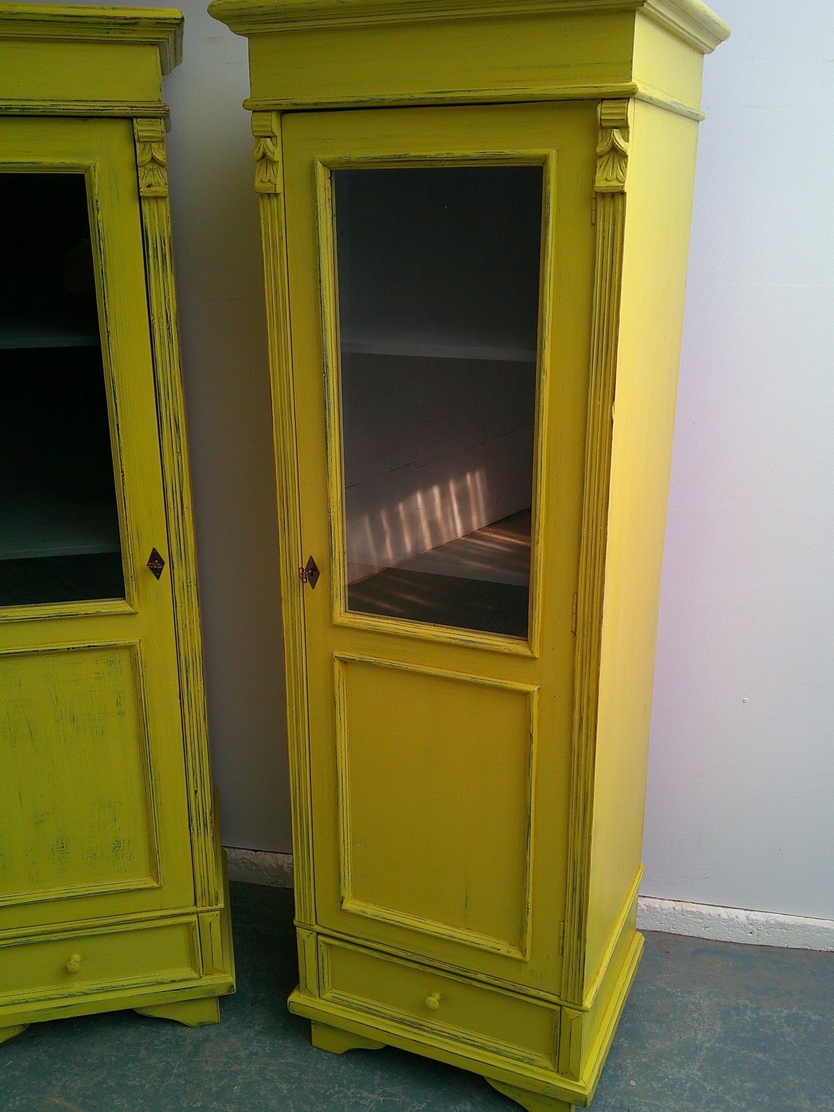 photo for sale A Cracking Pair Of Yellow Antique Pine Kitchen / Bathroom Display Cabinets