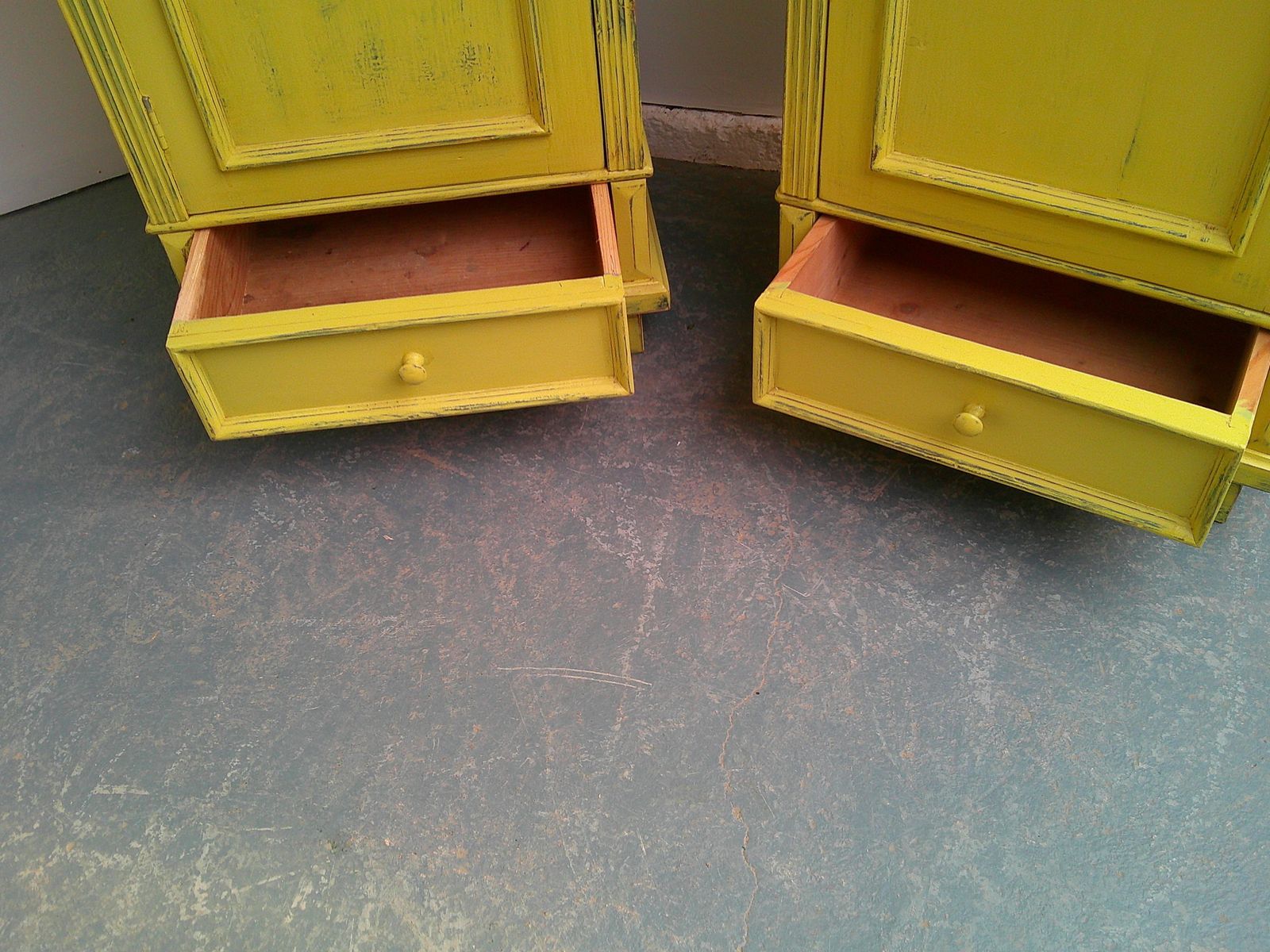 Furniture A Cracking Pair Of Yellow Antique Pine Kitchen / Bathroom Display Cabinets photo