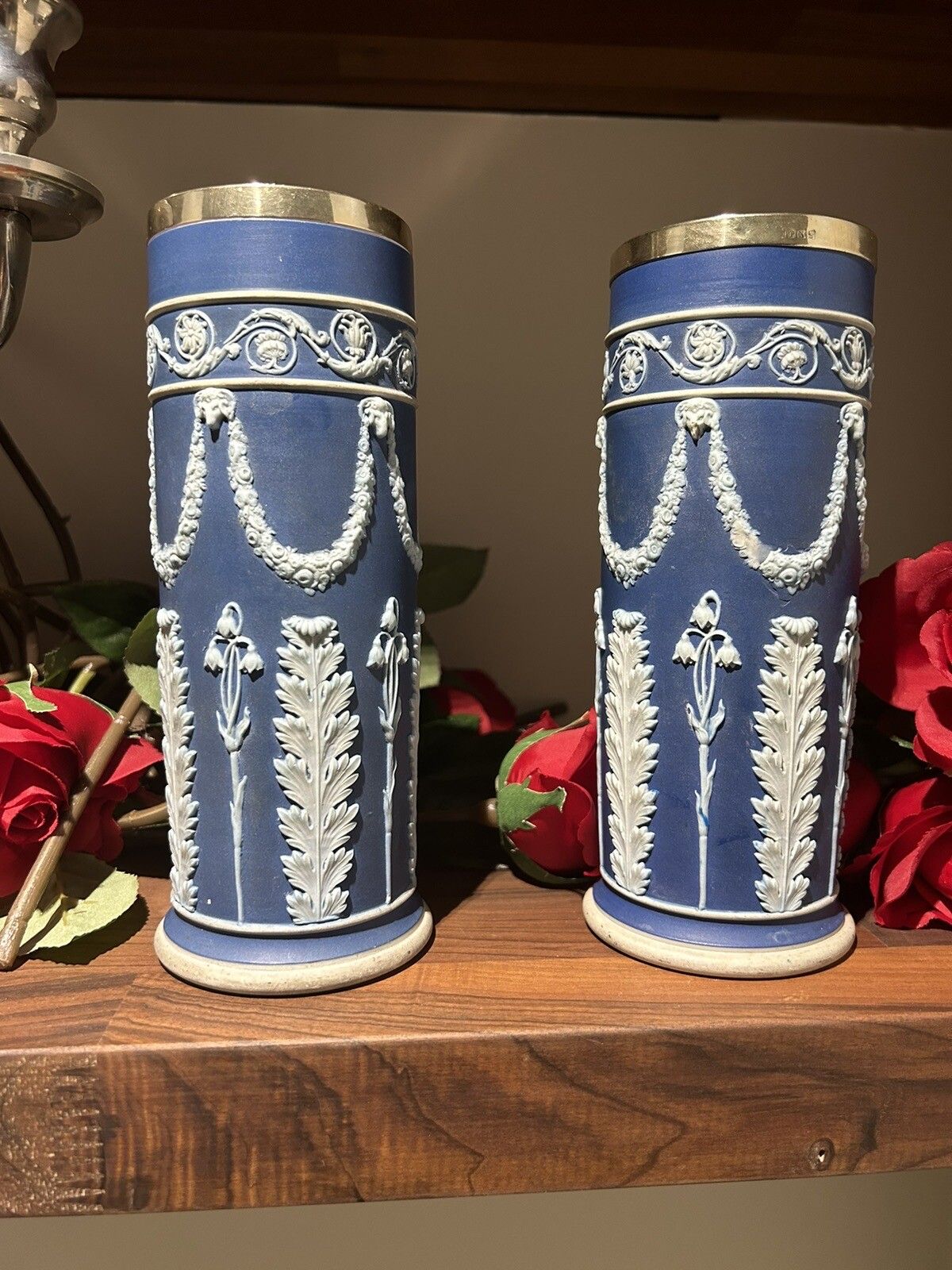 Wedgwood Jasperware Silver Rim Pair Acanthus Spill Vases photo furniture