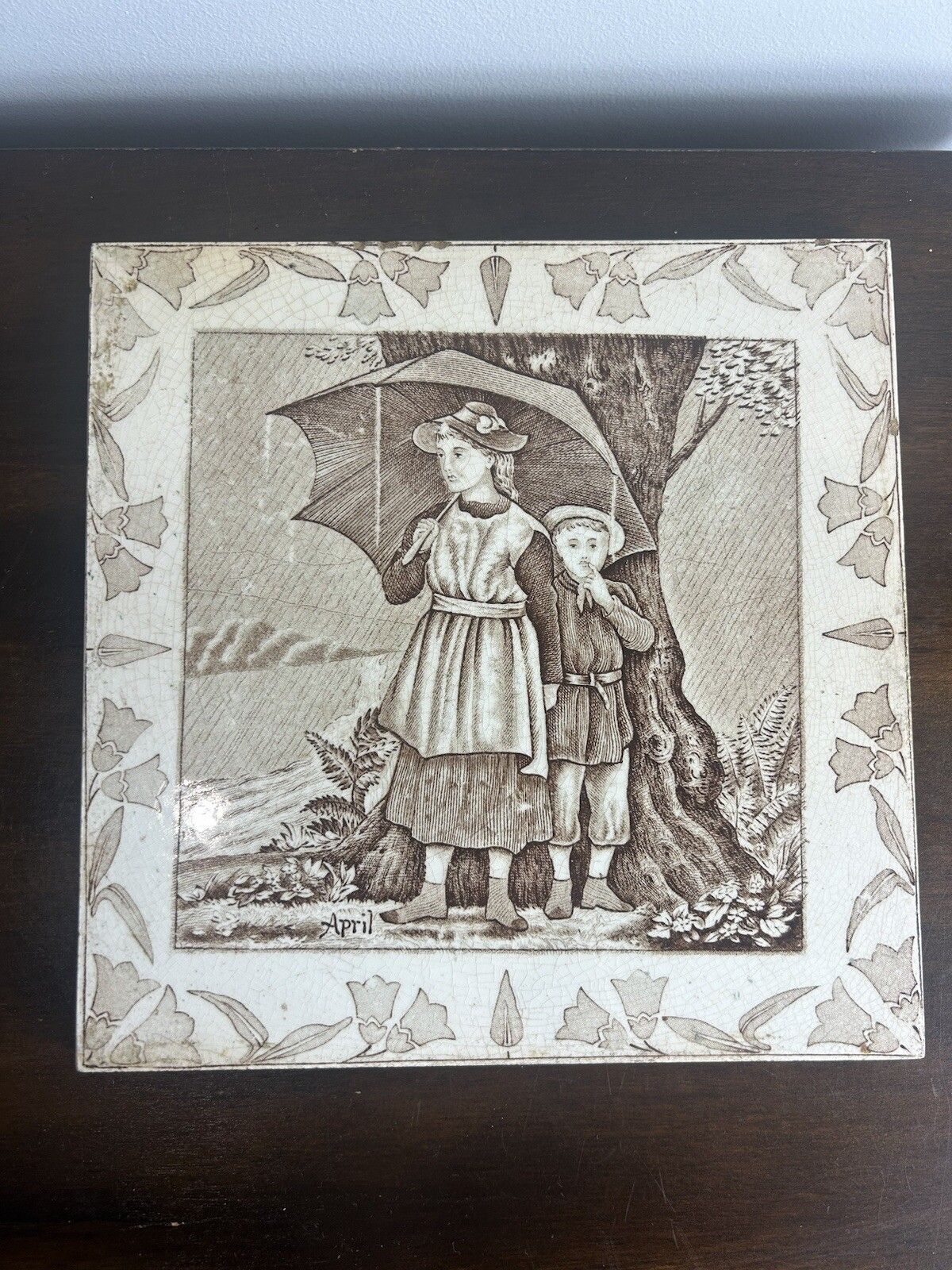 Antique Josiah Wedgwood Seasons Tile April Large 8”