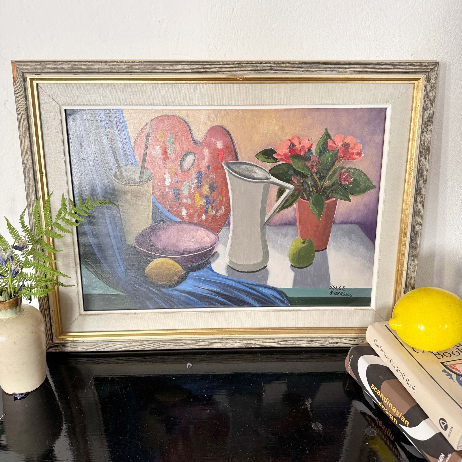 Palette And Petals. Vintage Mid Century Swedish Oil Painting. photo furniture