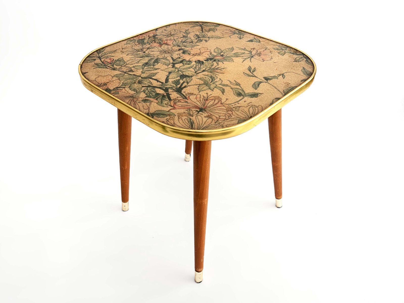 Vintage Foot Stool Plastic Top With Wooden Dansette Legs Gold Coloured Trim & Floral Design Mid Century Home Decor 1960s photo vinterior