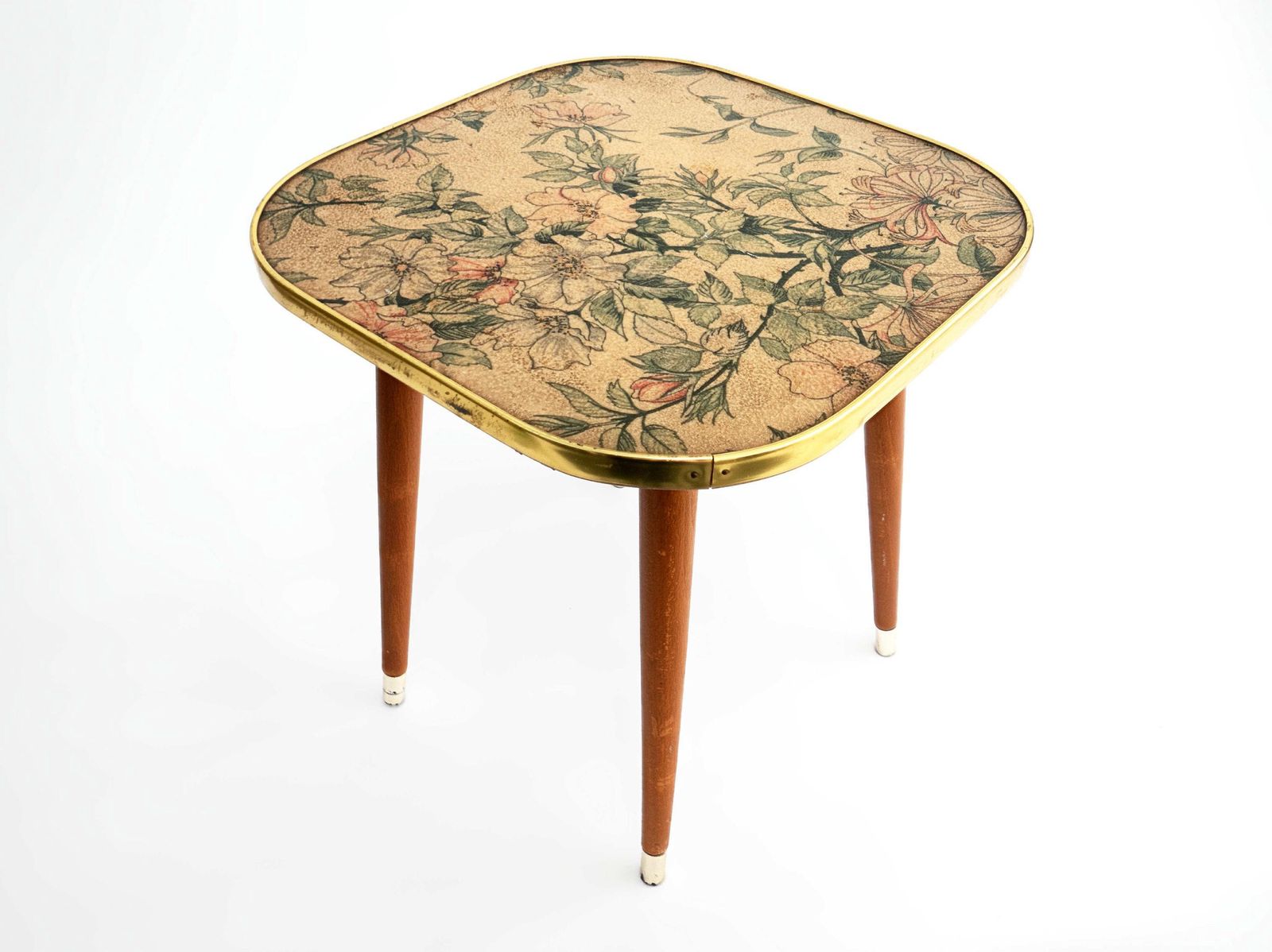 Vintage Foot Stool Plastic Top With Wooden Dansette Legs Gold Coloured Trim & Floral Design Mid Century Home Decor 1960s photo buy