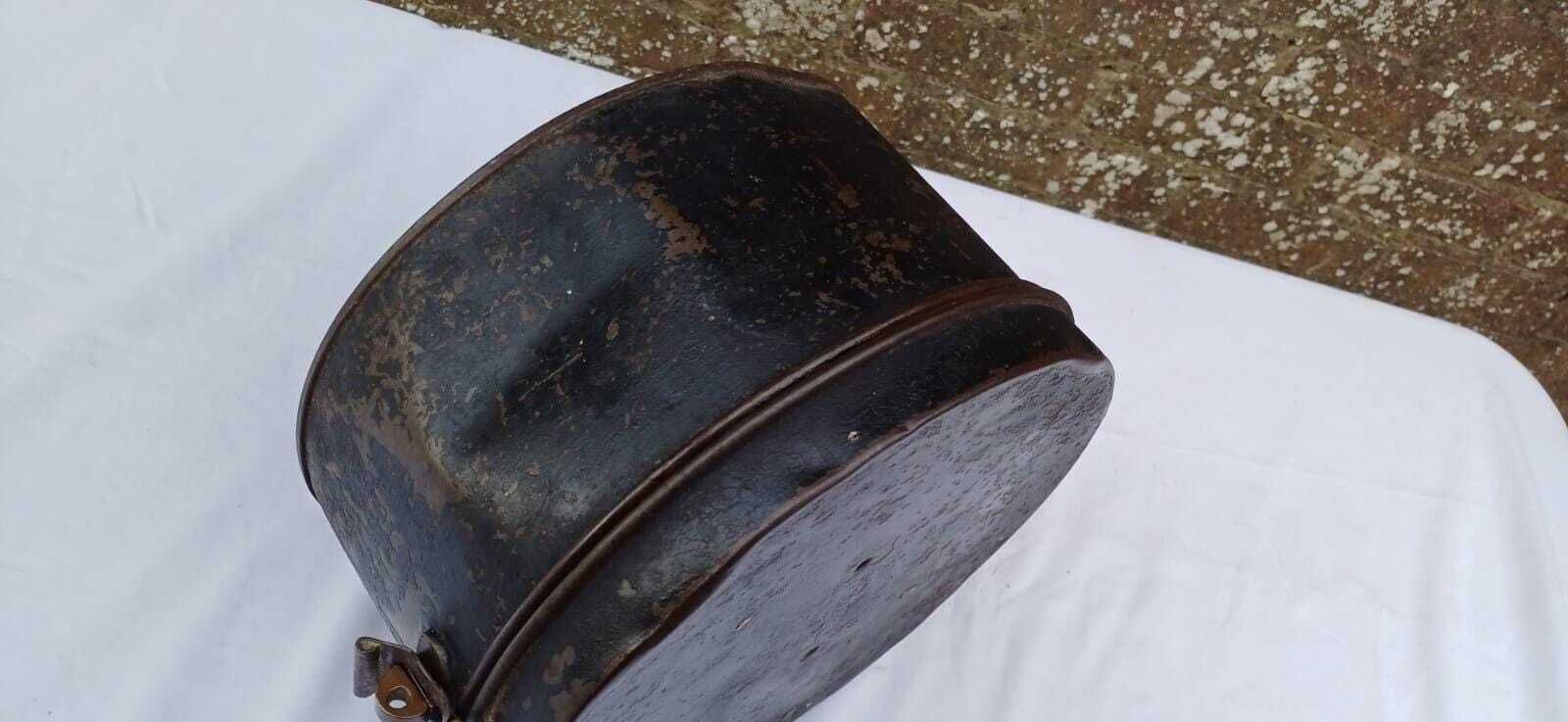 Antique Black Metal Hat Box, Rustic Industrial Storage Tin With Latch, 1920s Millinery Case, Steampunk Display Prop Decor photo buy