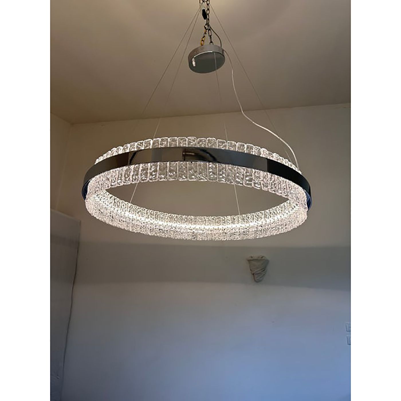 Chandelier Hammered Clear Glass In Polish Kromo Ring With Strip Led photo Lighting