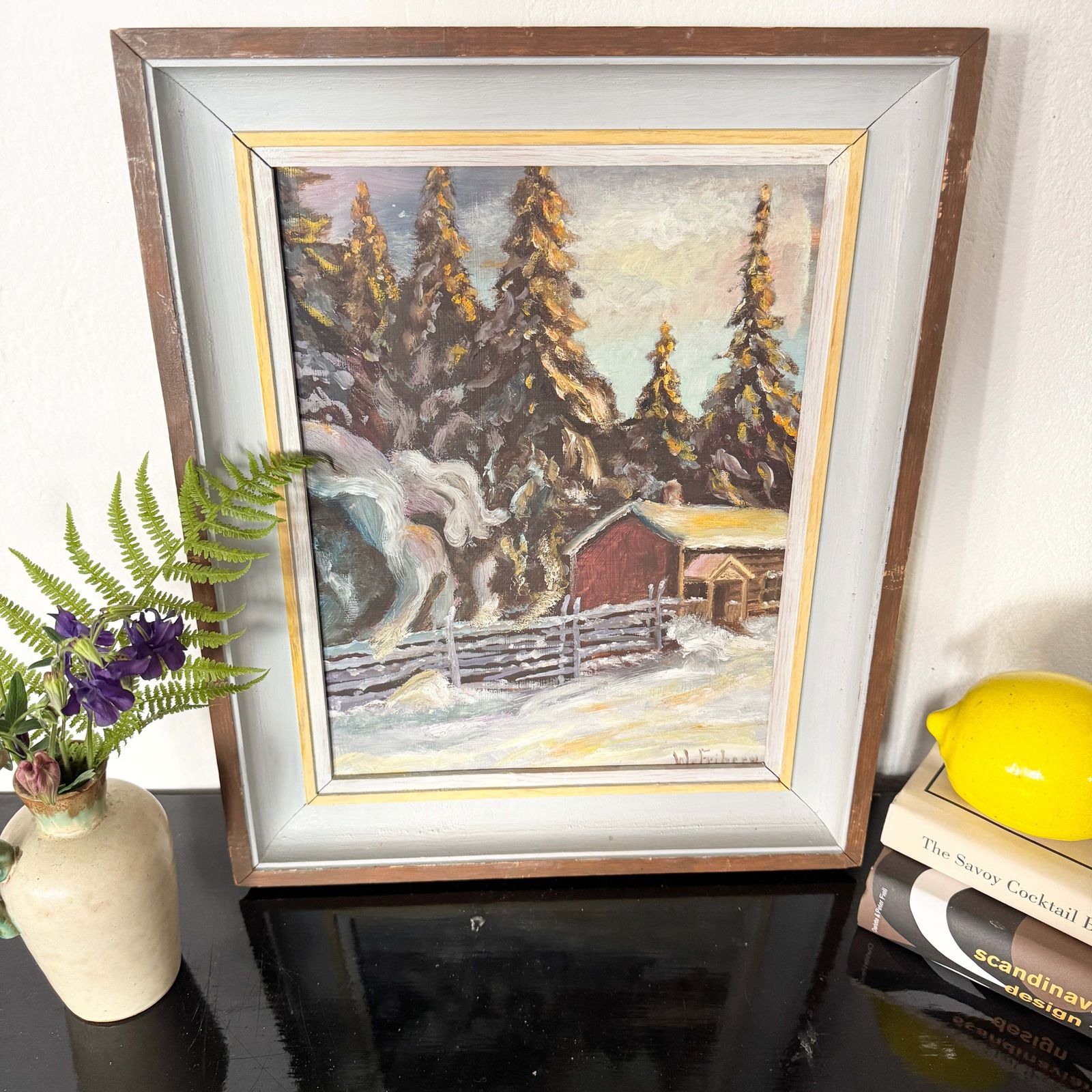 Golden Firs, Quiet Snow. Vintage Swedish Oil Painting. photo furniture