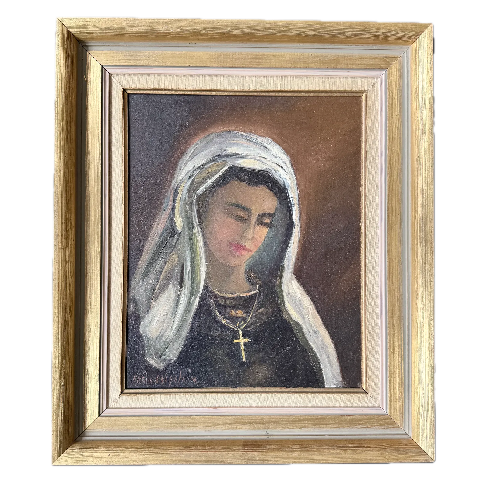 Portrait Of The Virgin. Large Vintage Swedish Oil Painting.