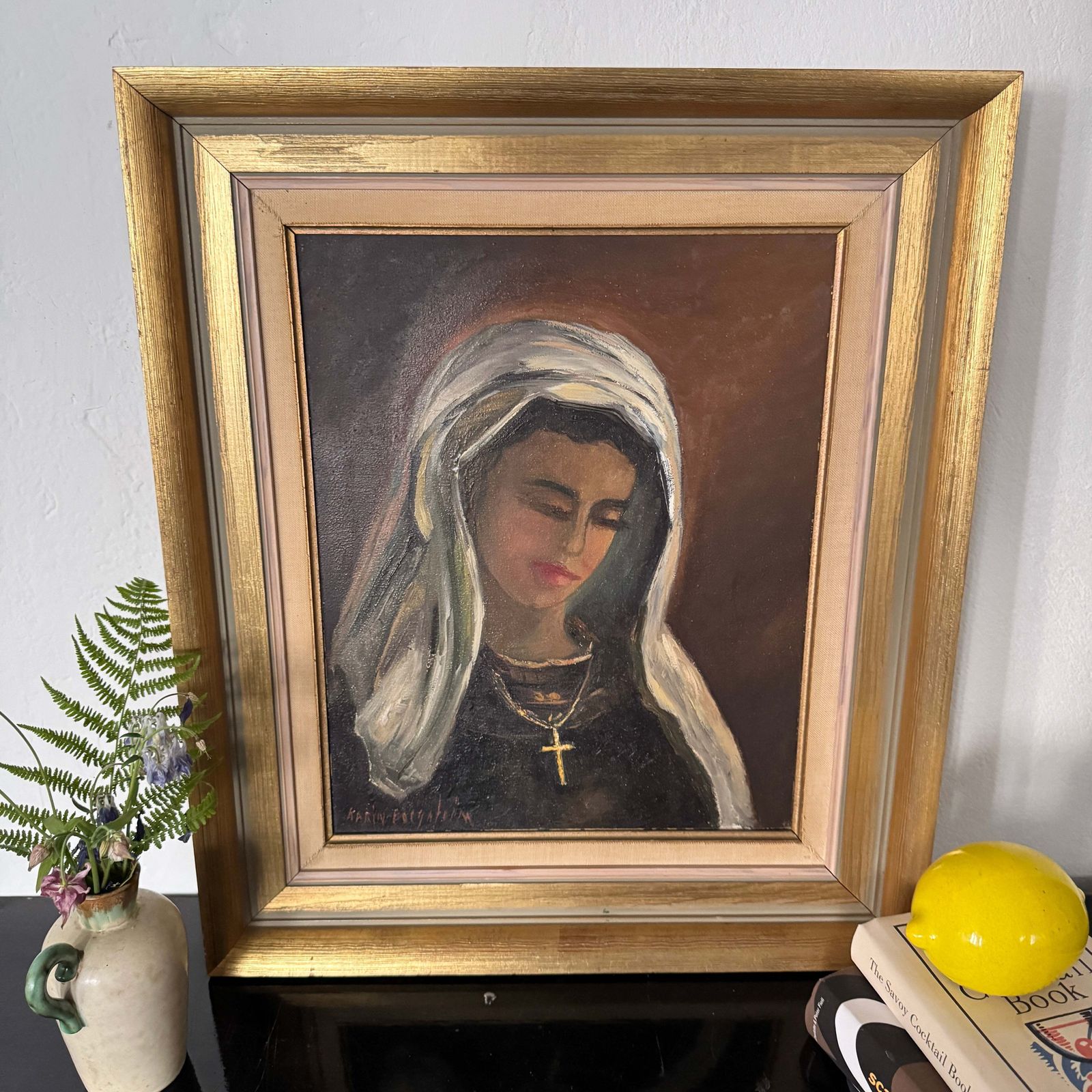 Portrait Of The Virgin. Large Vintage Swedish Oil Painting. photo furniture