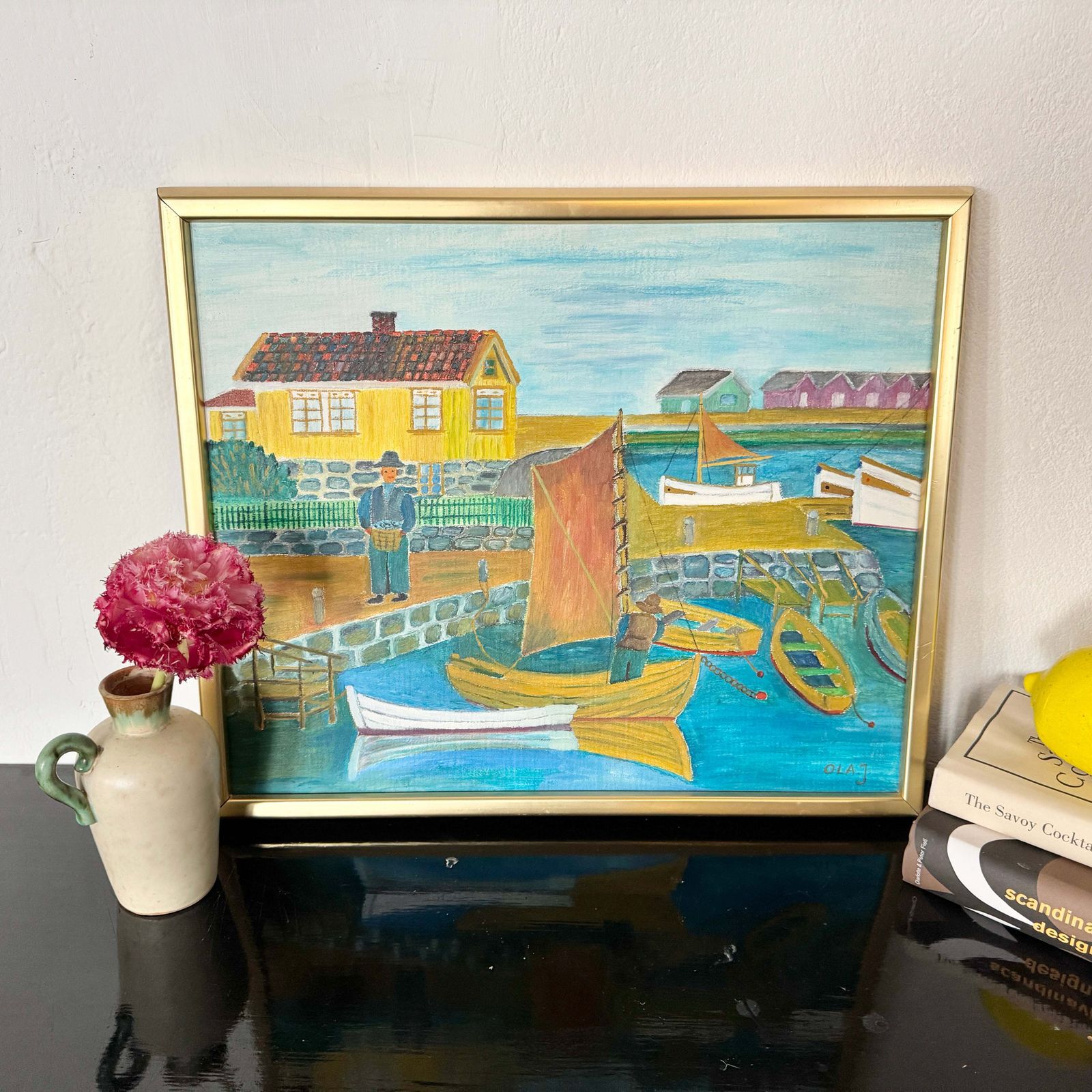Dockside Days 1934. Vintage Swedish Naïve Oil Painting. photo furniture