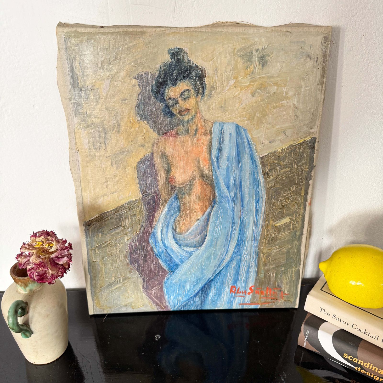 Infødt Pike 1948. Norwegian Artist, Southern Europe Vintage Oil Painting photo Art