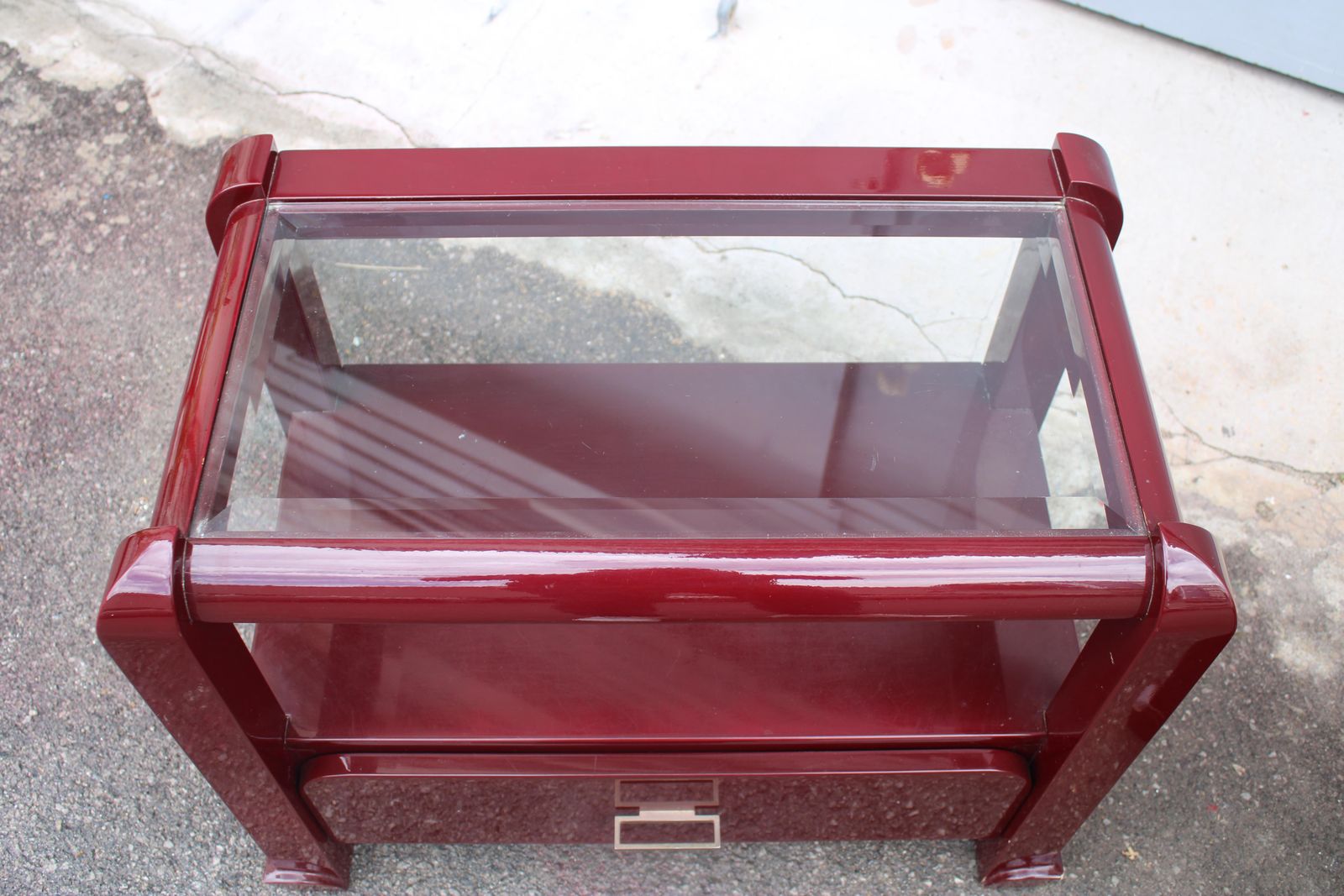 Furniture Pair Of Red Lacquer Nightstands With Drawers And Glass Top 1970 Italy photo