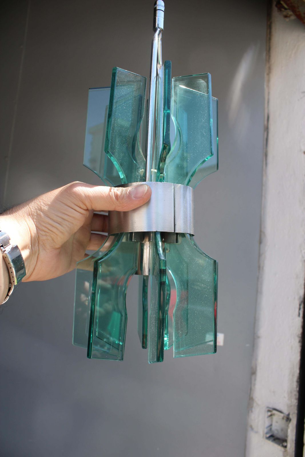 Small Minimal Chandelier Veca In Green Crystal 1960 Italy photo Lighting