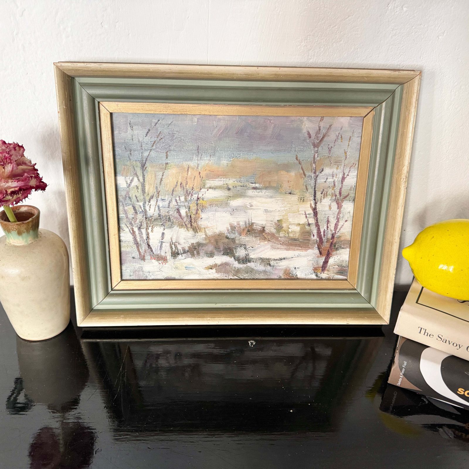 Frozen Marchland 1945. Vintage Swedish Oil Painting. photo furniture