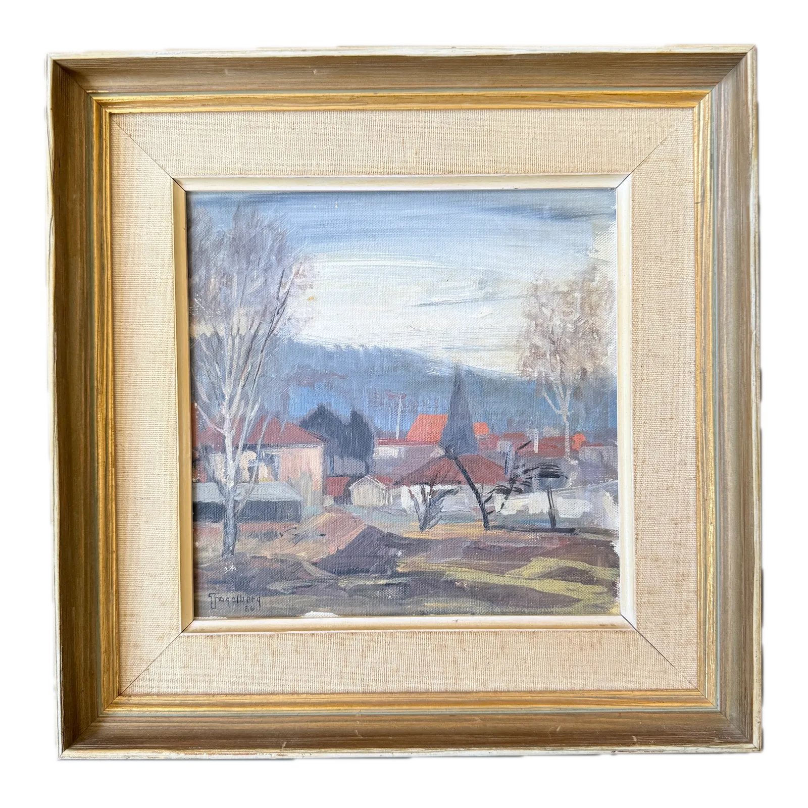 Hushed Hills And Red Roofs, 1956. Vintage Swedish Oil Painting.