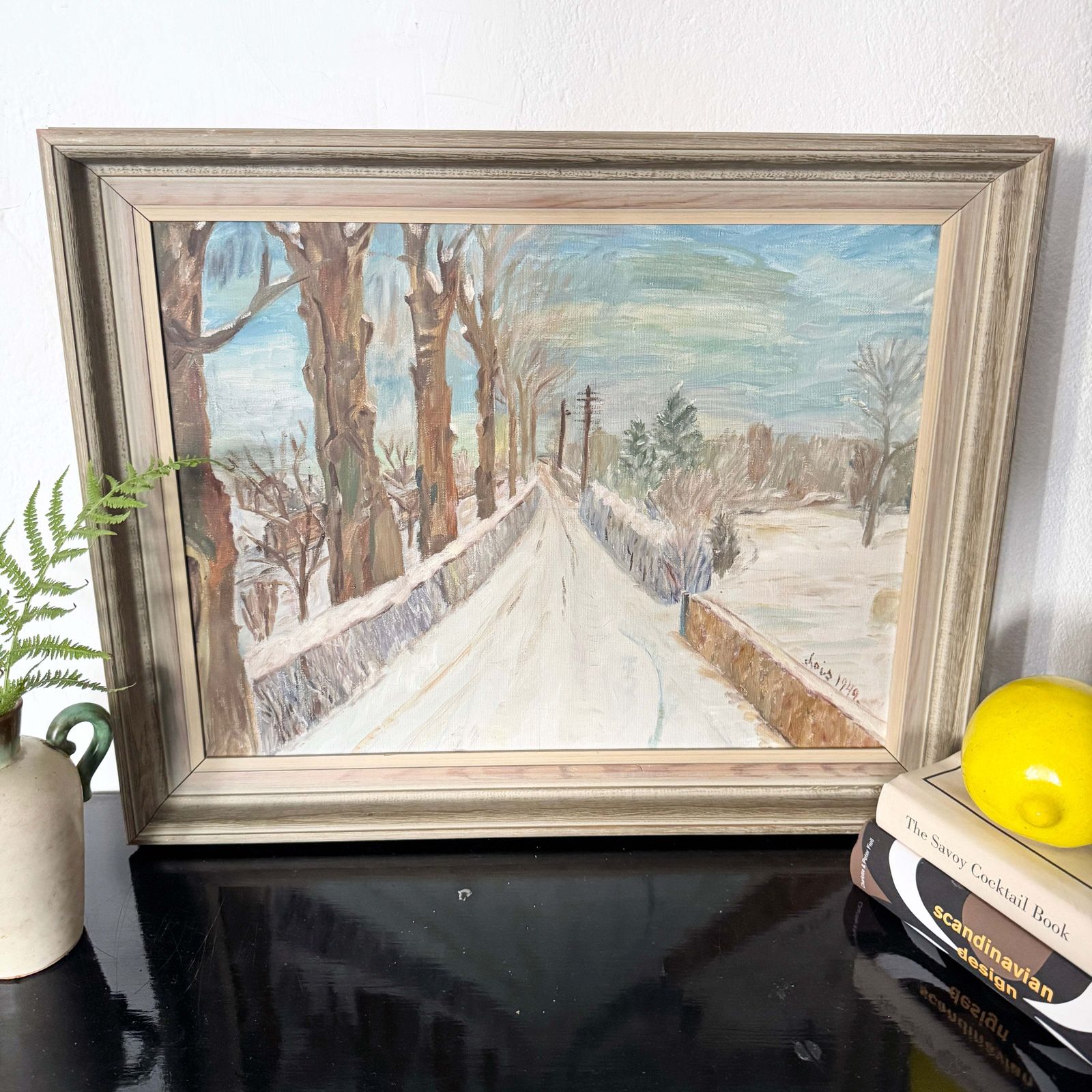 Where The Road Disappears, 1949. Vintage Swedish Oil Painting. photo furniture