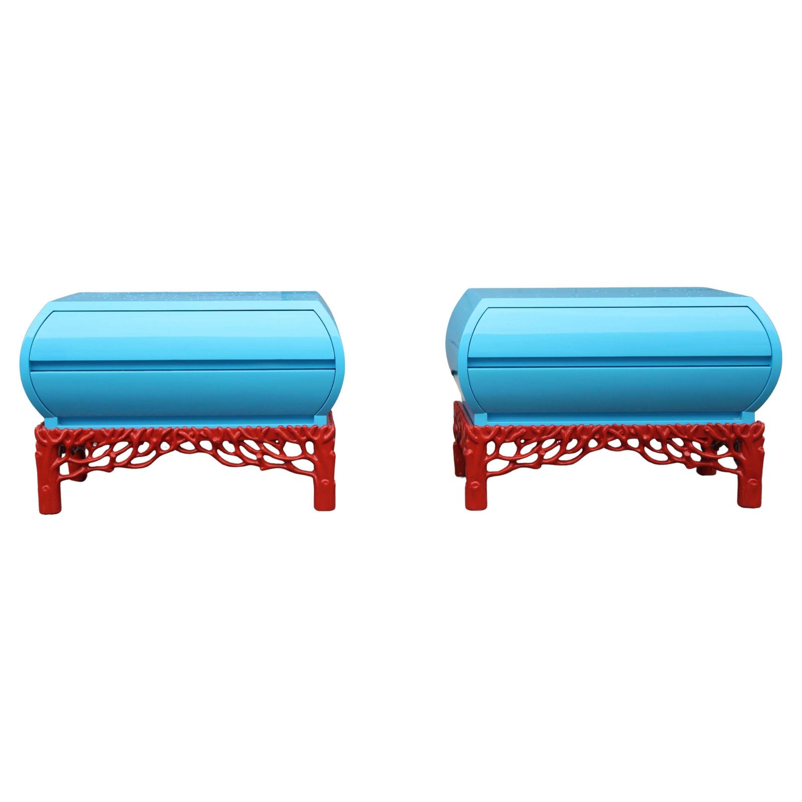 Pair Of Arpex Bedside Tables 1970 Italy Turquoise And Coral Red 1970 Italy