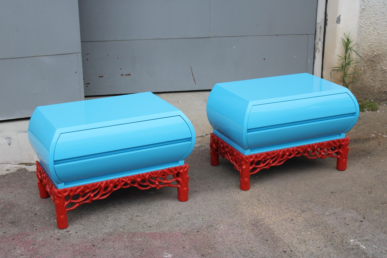 Pair Of Arpex Bedside Tables 1970 Italy Turquoise And Coral Red 1970 Italy photo furniture