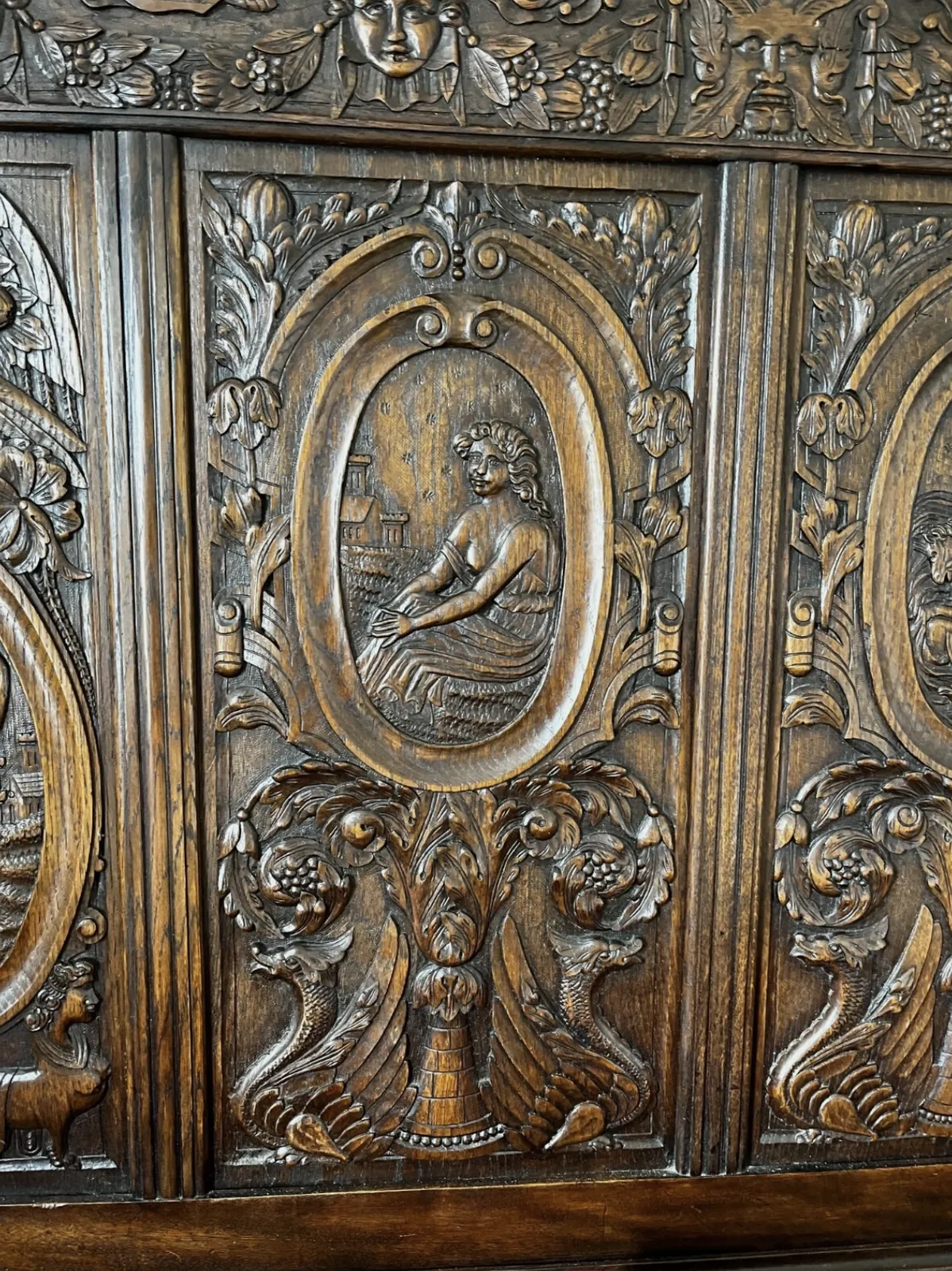 Unique Antique Oak Carved Bed photo for sale