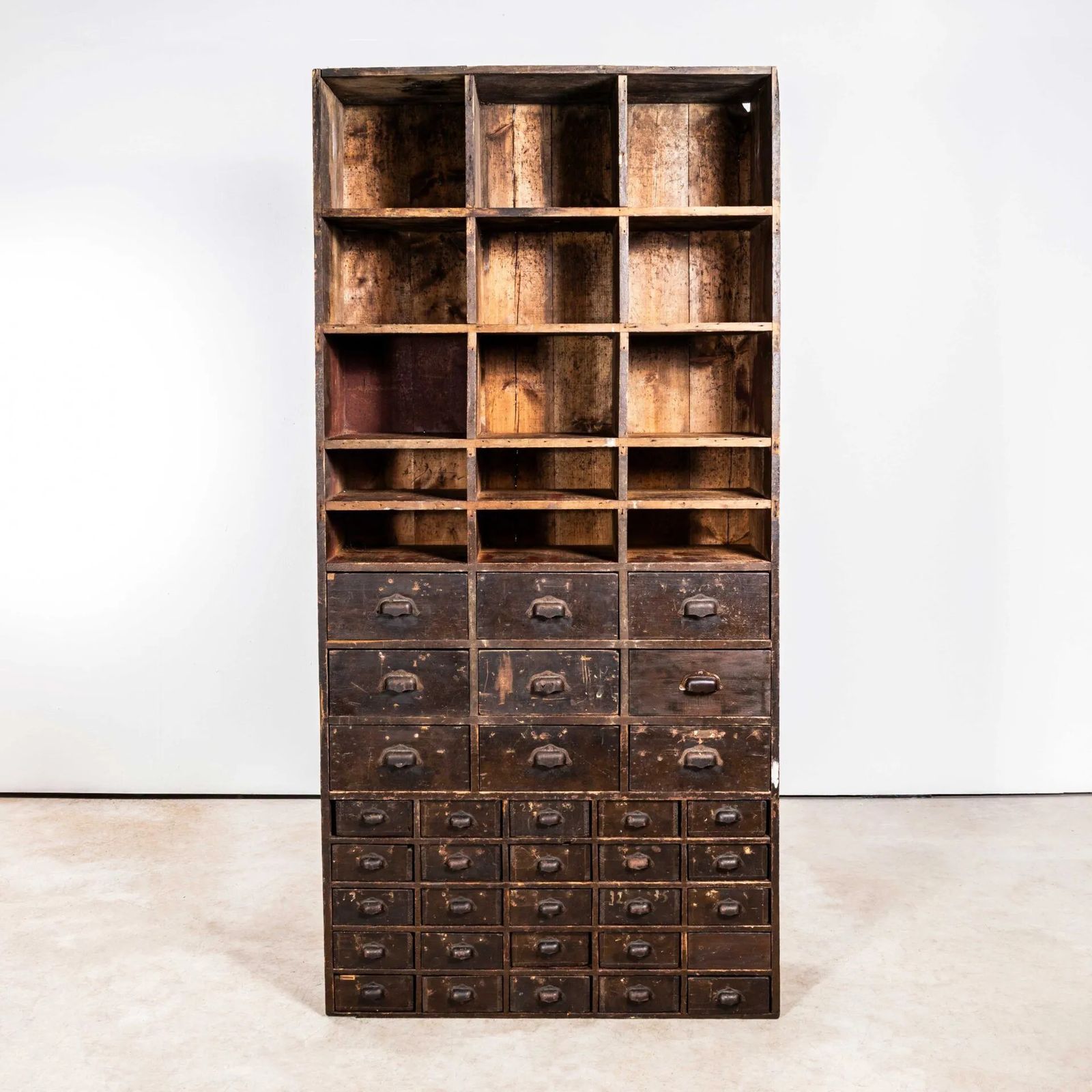 1940’s Tall French Workshop Shelving Unit – Thirty Four Drawers