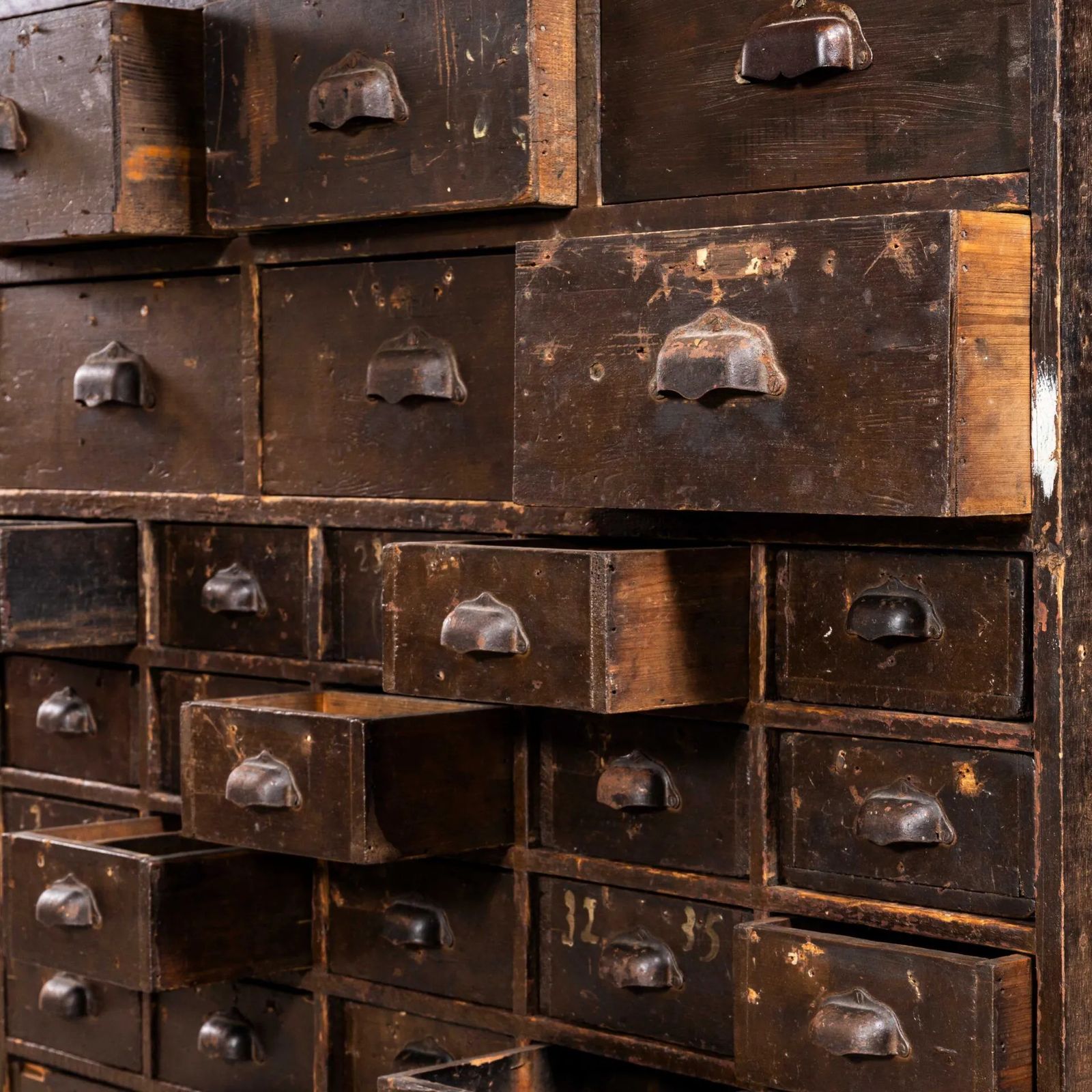 1940’s Tall French Workshop Shelving Unit – Thirty Four Drawers photo vinterior