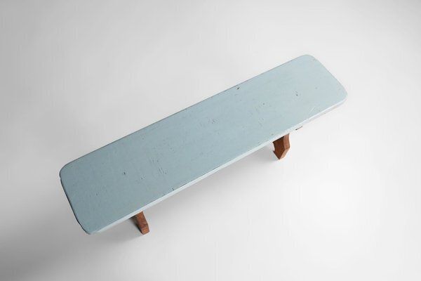 Art Deco Rustic Wooden Bench With Blue Top, France, 1930s photo furniture