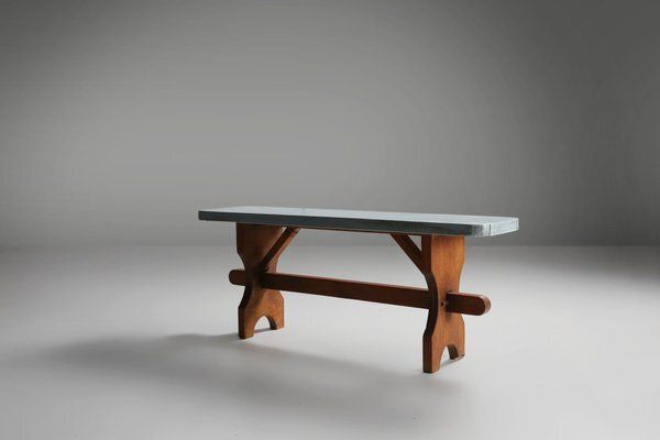Art Deco Rustic Wooden Bench With Blue Top, France, 1930s photo buy