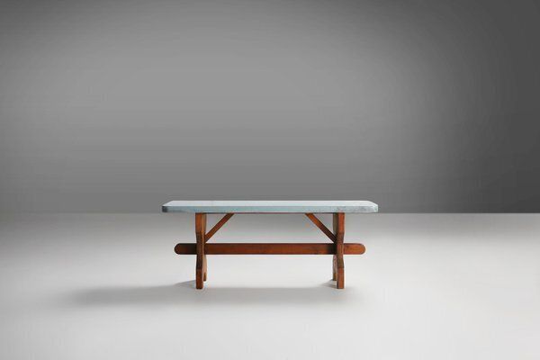 photo for sale Art Deco Rustic Wooden Bench With Blue Top, France, 1930s