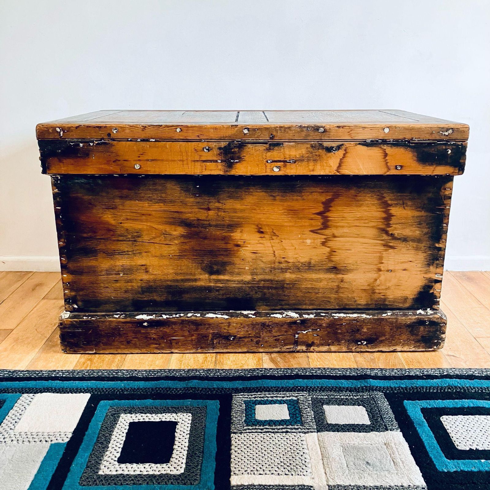 Rare Exquisite Antique Distressed Pine Chest Trunk Large Storage Chest Unique 103cm photo for sale